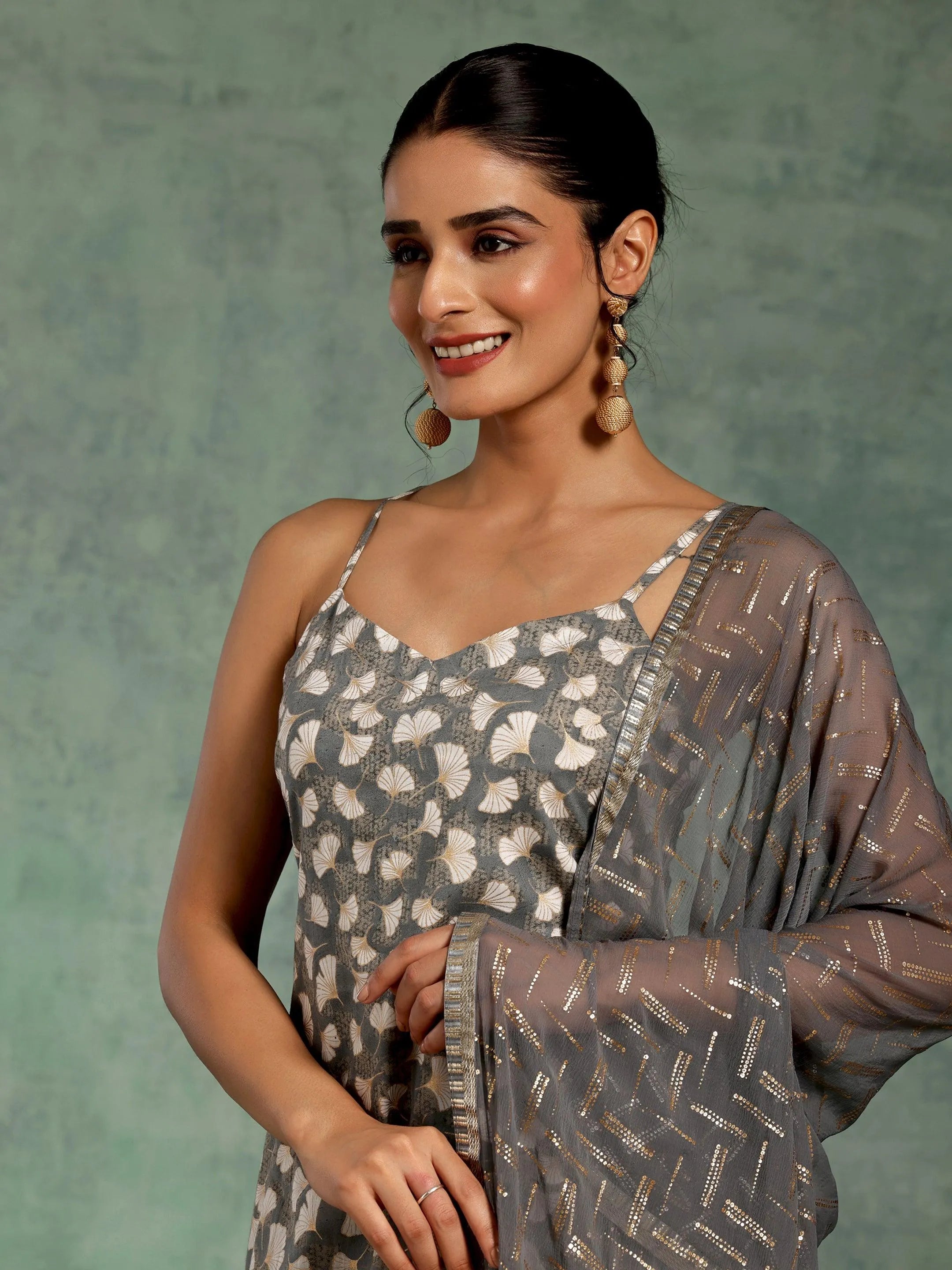 Grey Printed Cotton Straight Suit With Dupatta