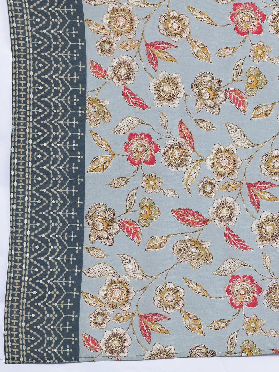 Grey Printed Silk Blend Straight Suit With Dupatta