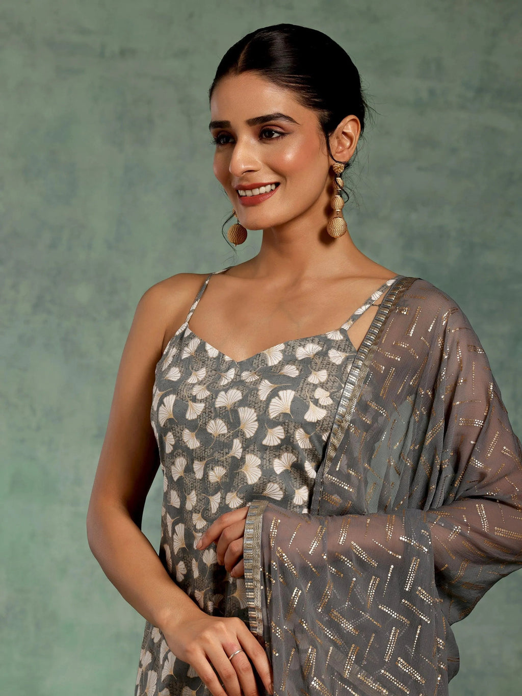 Grey Printed Cotton Straight Suit With Dupatta