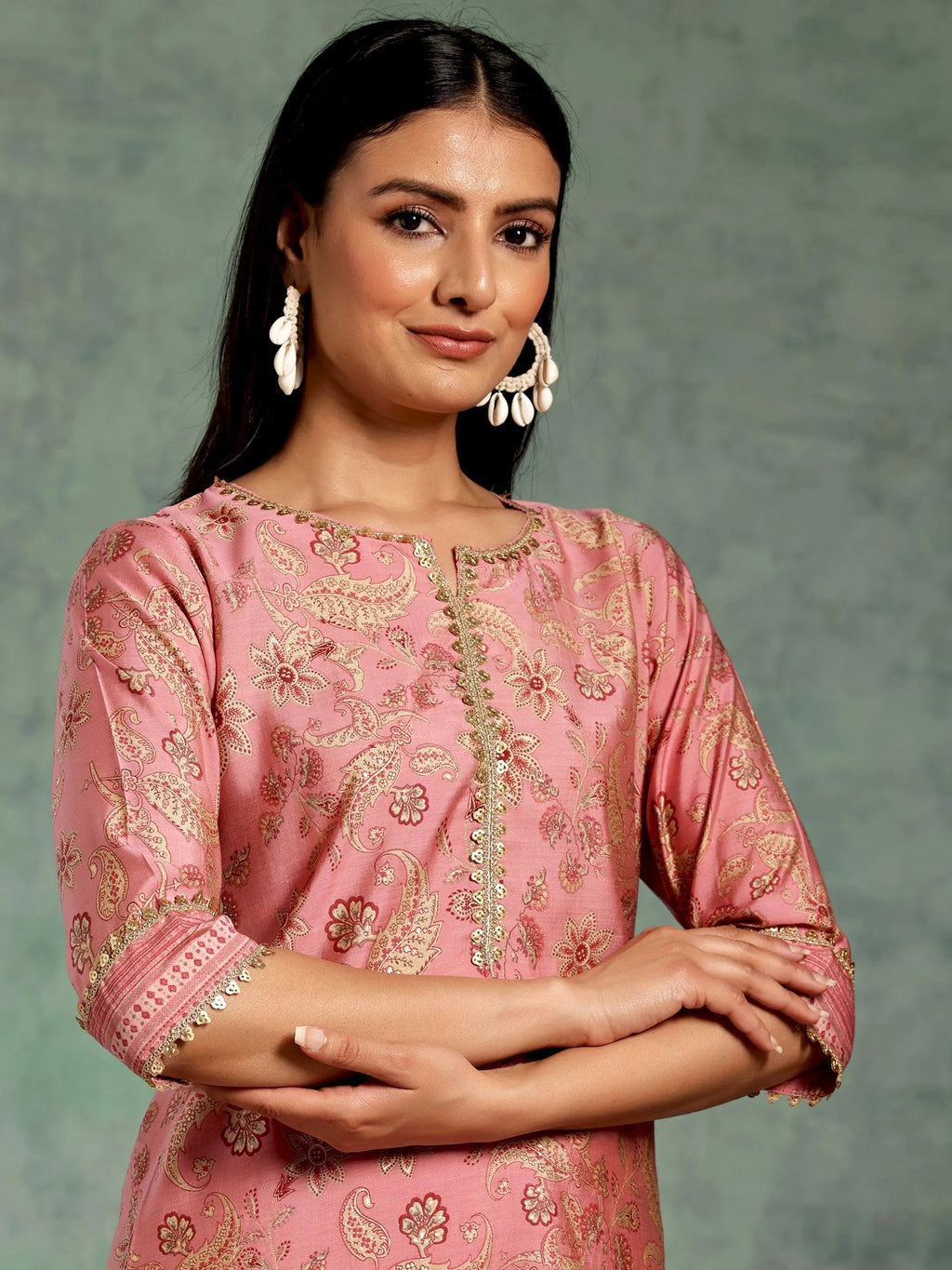 Pink Printed Silk Blend Straight Suit With Dupatta