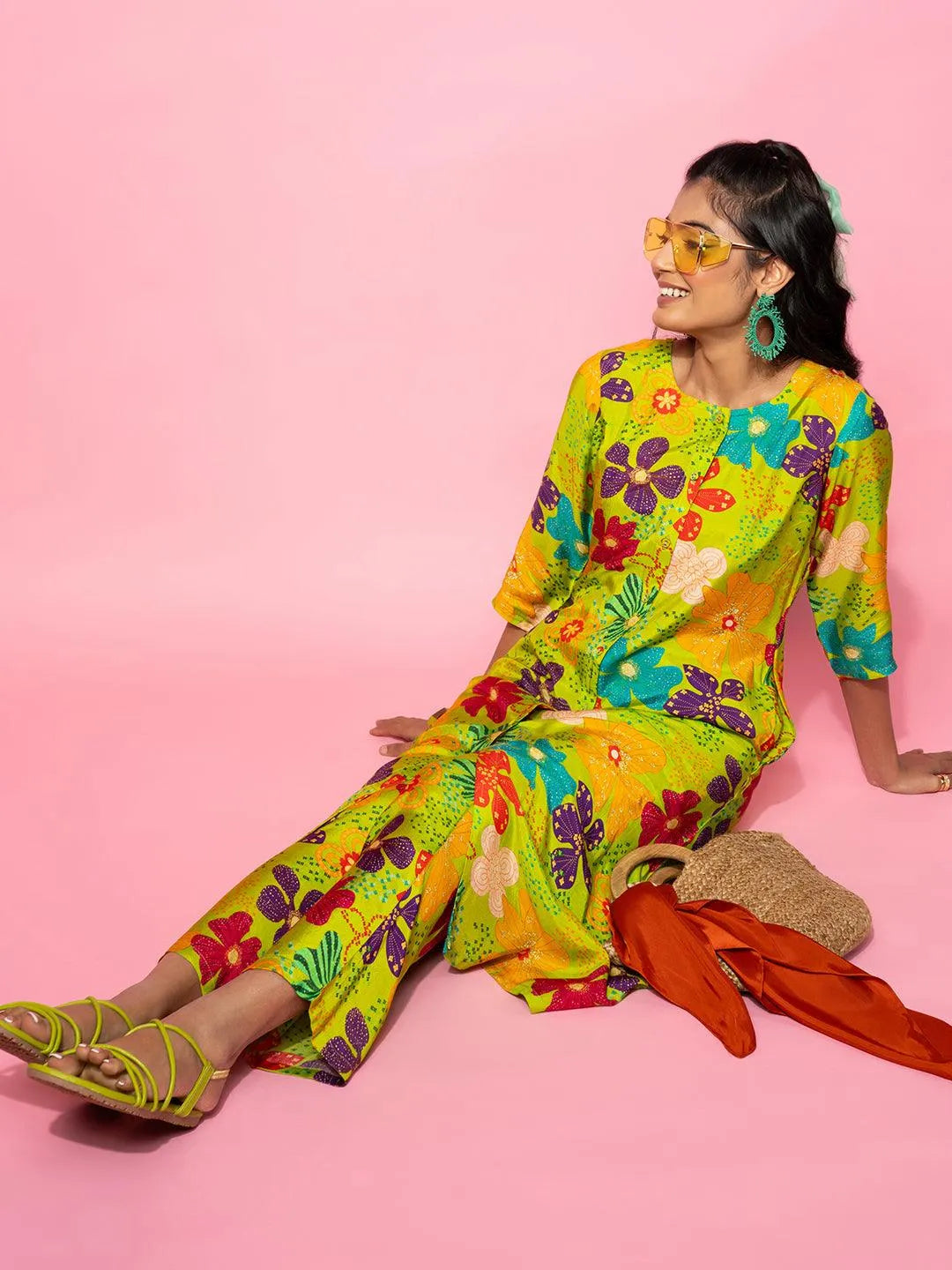 Green Printed Silk Blend Co-Ords