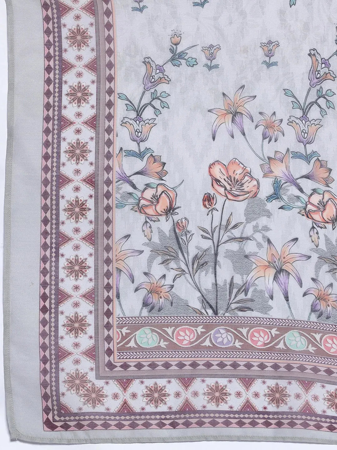 Grey Printed Poly Crepe Straight Suit With Dupatta