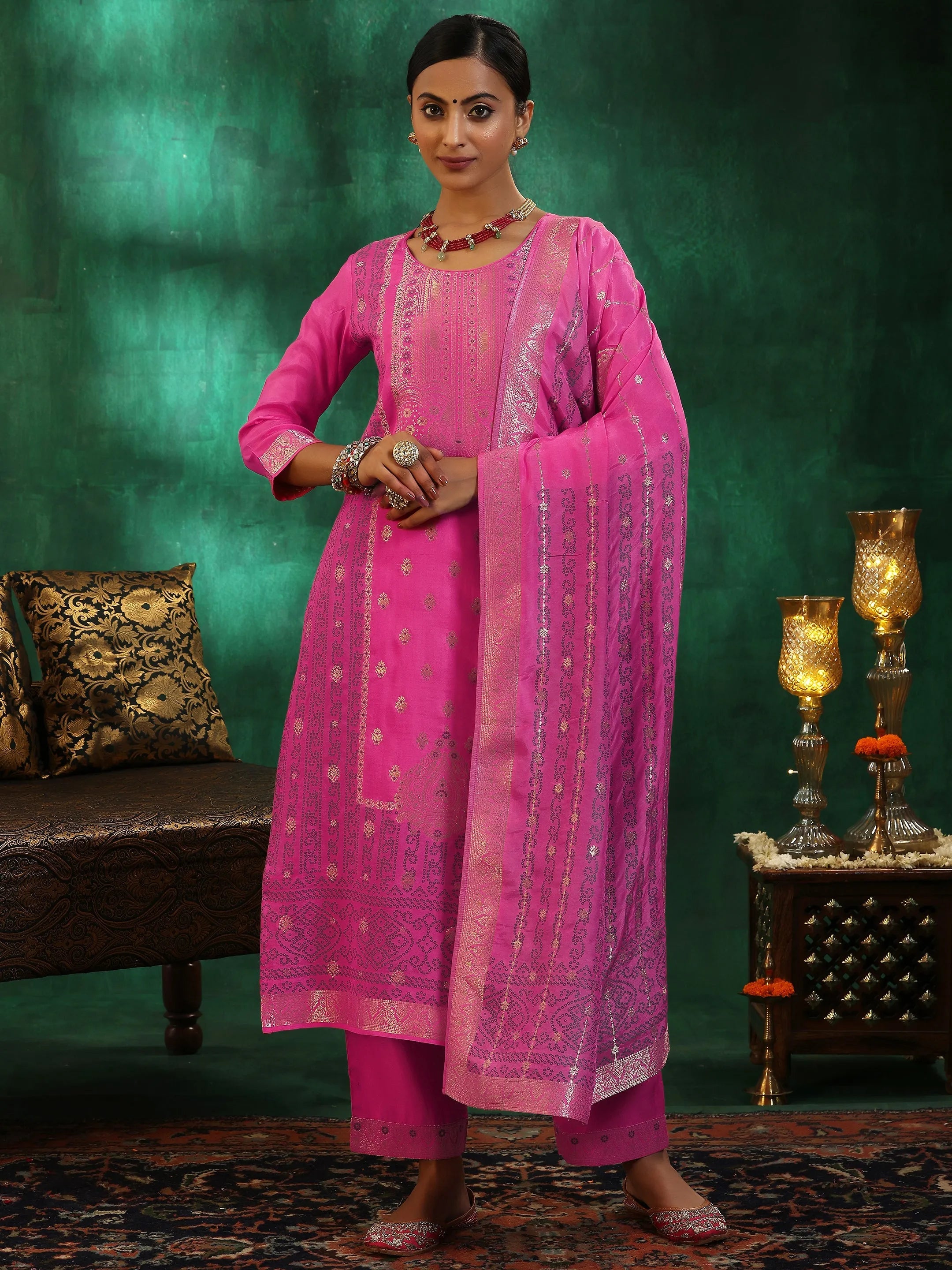 Pink Woven Design Silk Blend Straight Suit With Dupatta
