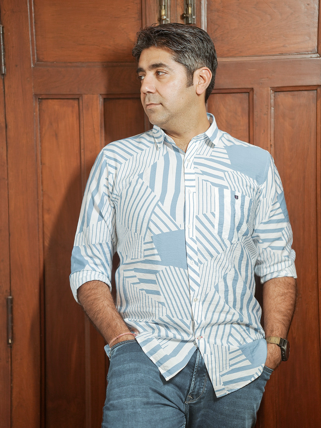 Blue Geometric Line Printed Shirt