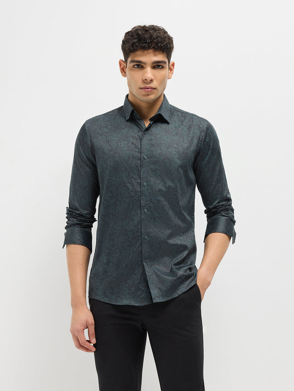 Bottle Green Printed Casual Shirt