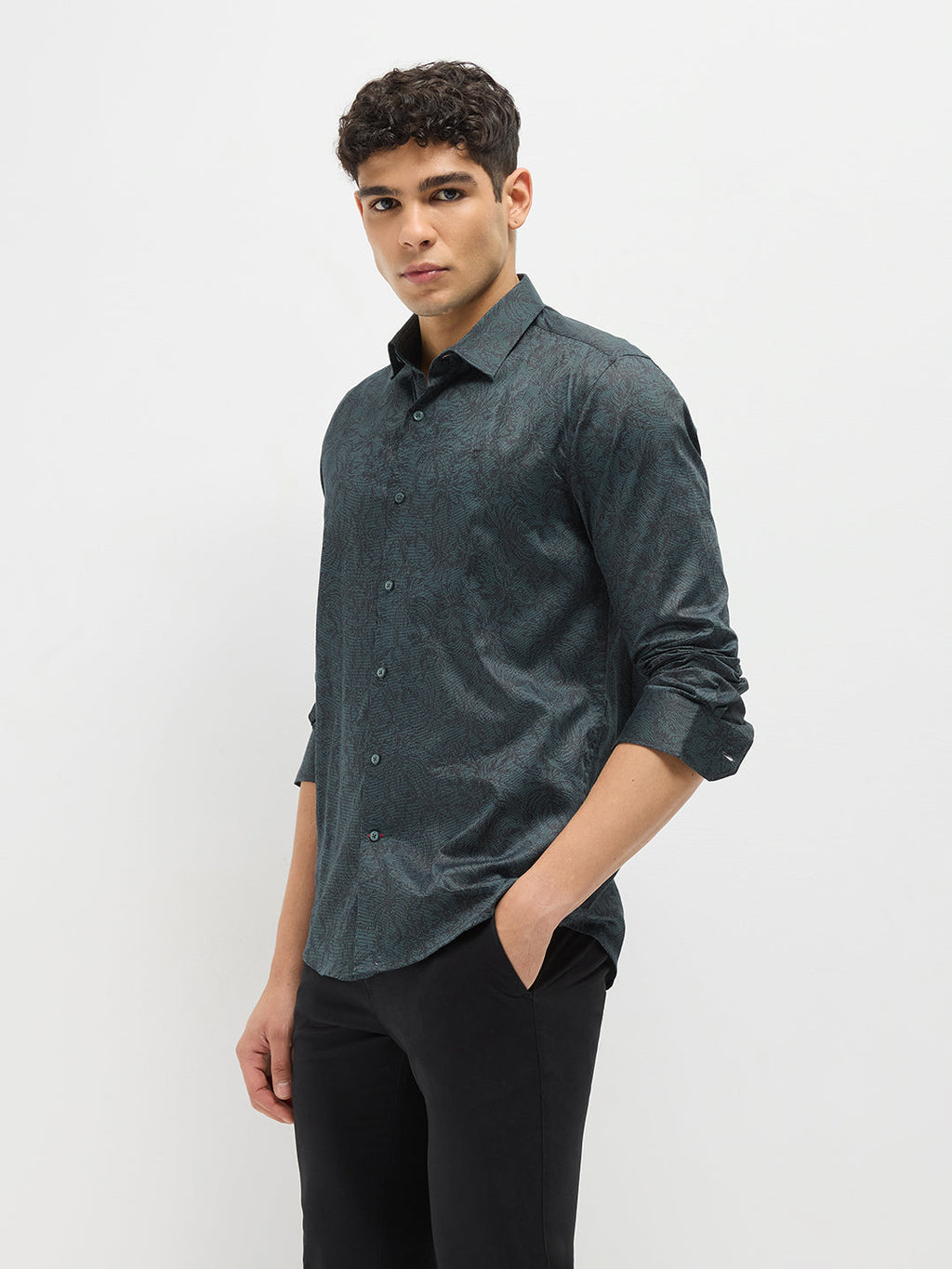 Bottle Green Printed Casual Shirt