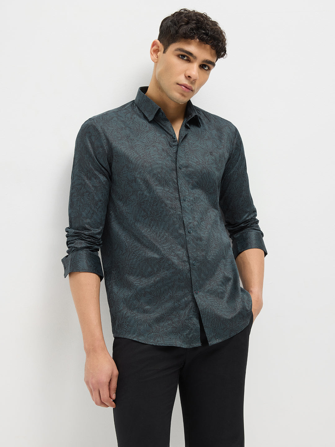 Bottle Green Printed Casual Shirt