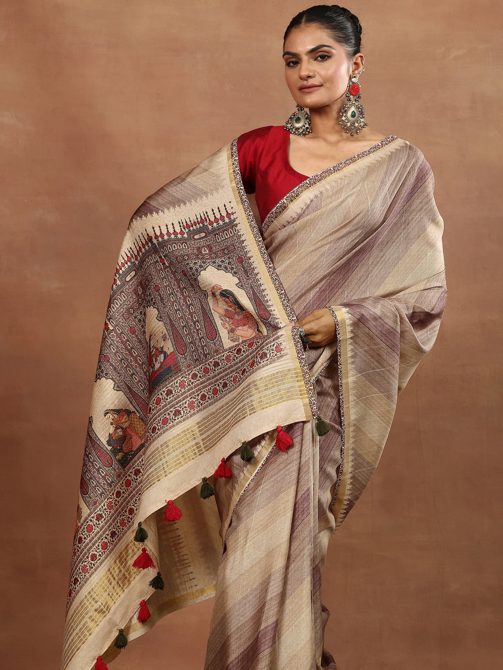 Beige Printed Silk Blend Sarees With Unstitched Blouse Piece