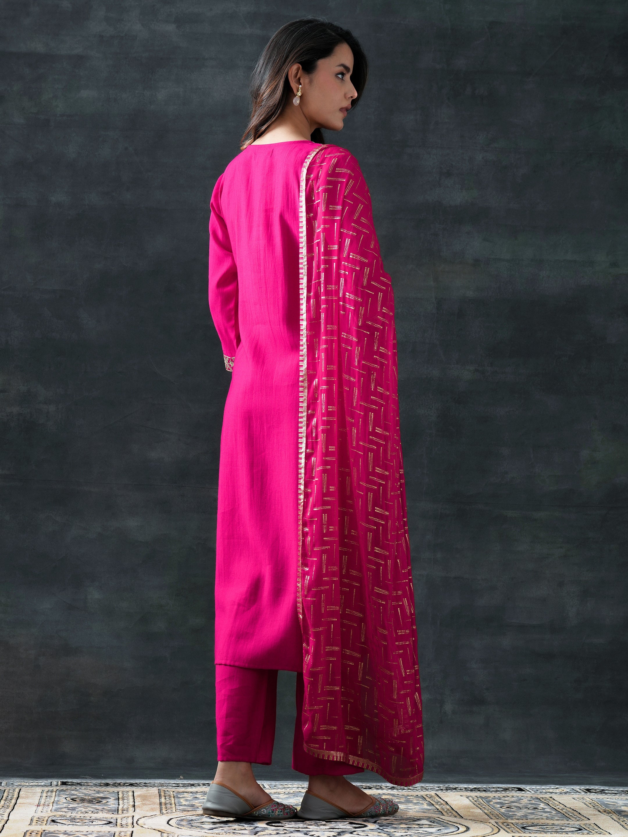 Pink Yoke Design Silk Blend Straight Suit Set With Dupatta