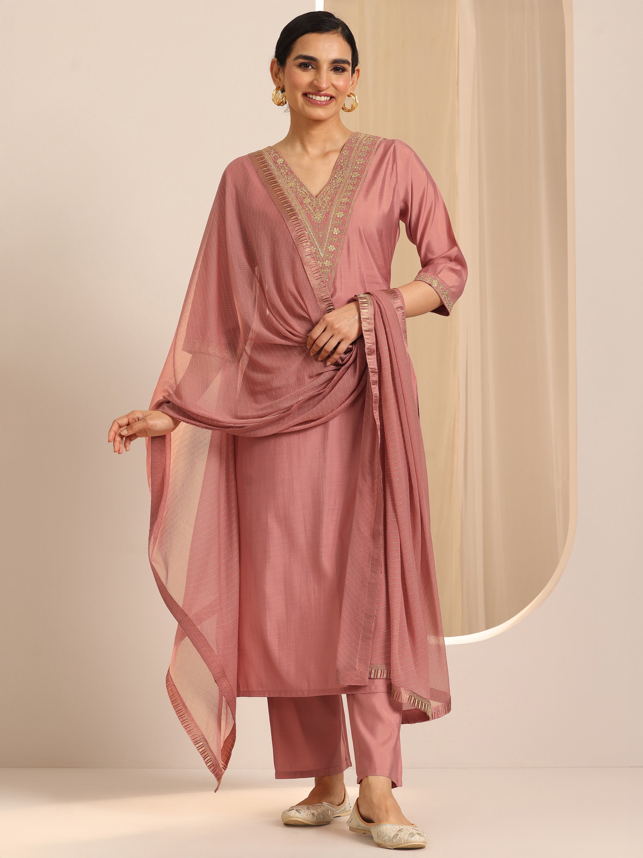 Peach Solid Silk Blend Straight Kurta Set