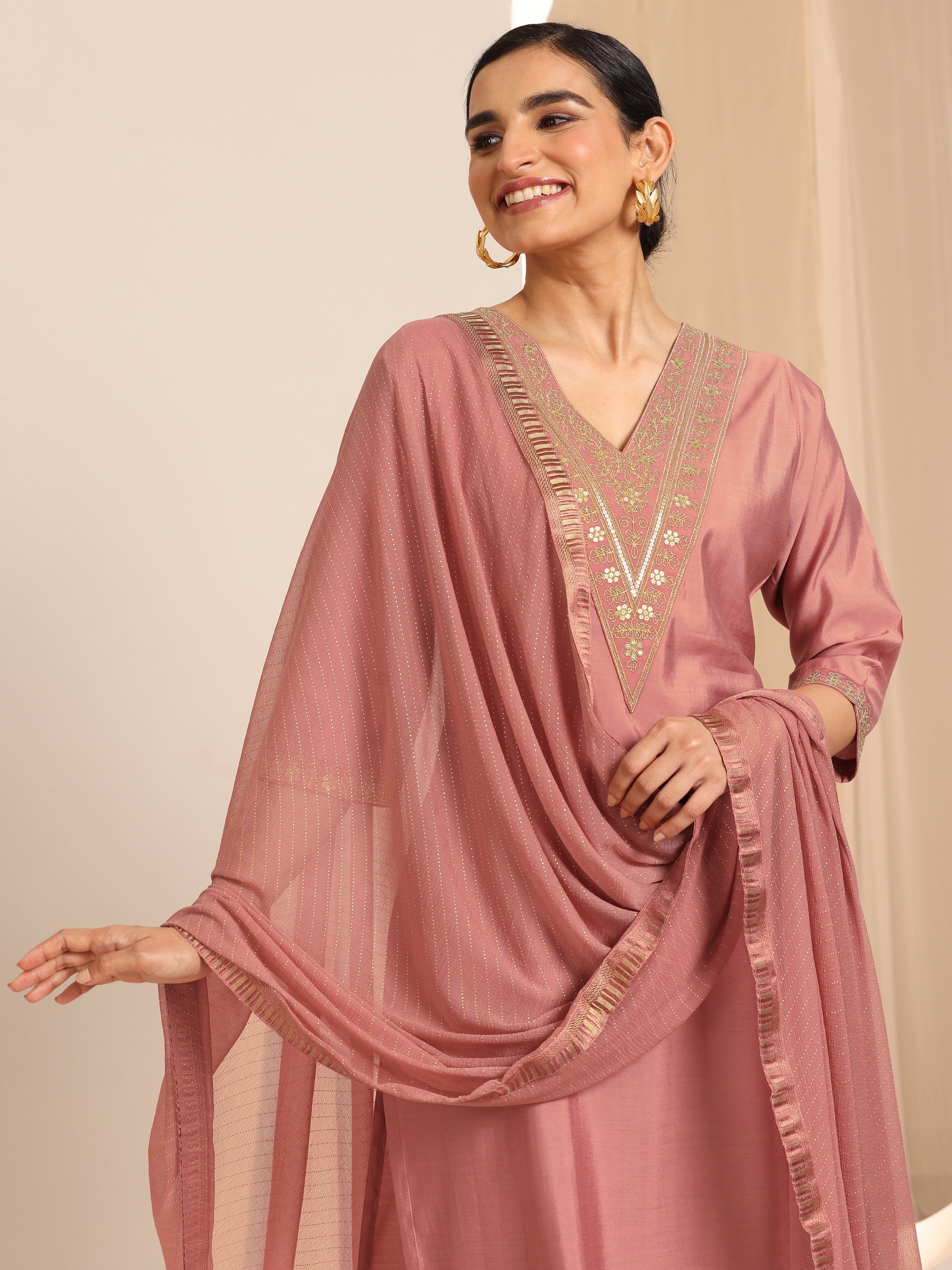 Peach Solid Silk Blend Straight Kurta Set