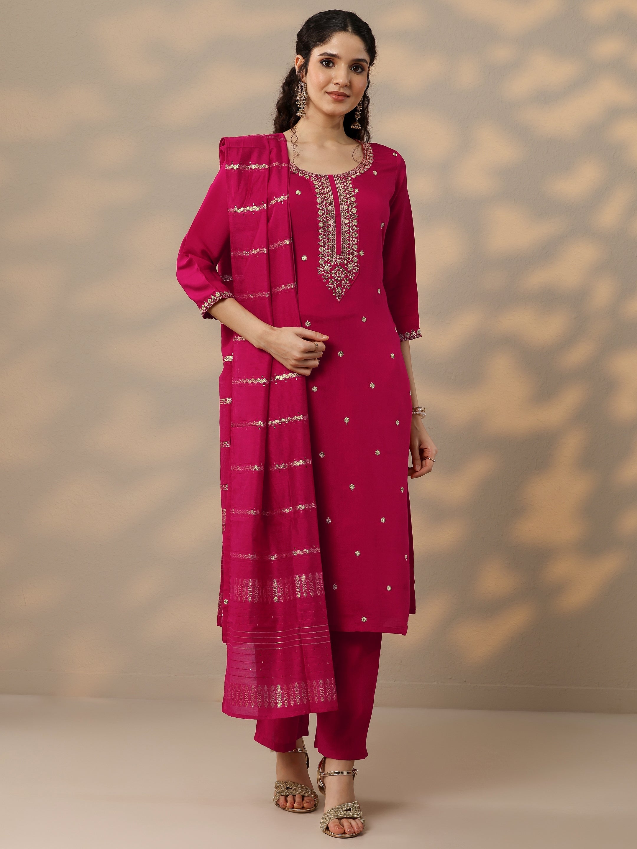 Pink Embroidered Silk Blend Straight Suit Set With Dupatta