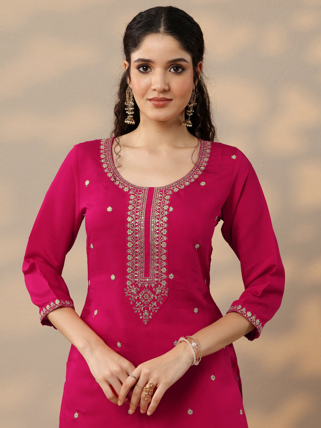 Pink Embroidered Silk Blend Straight Suit Set With Dupatta