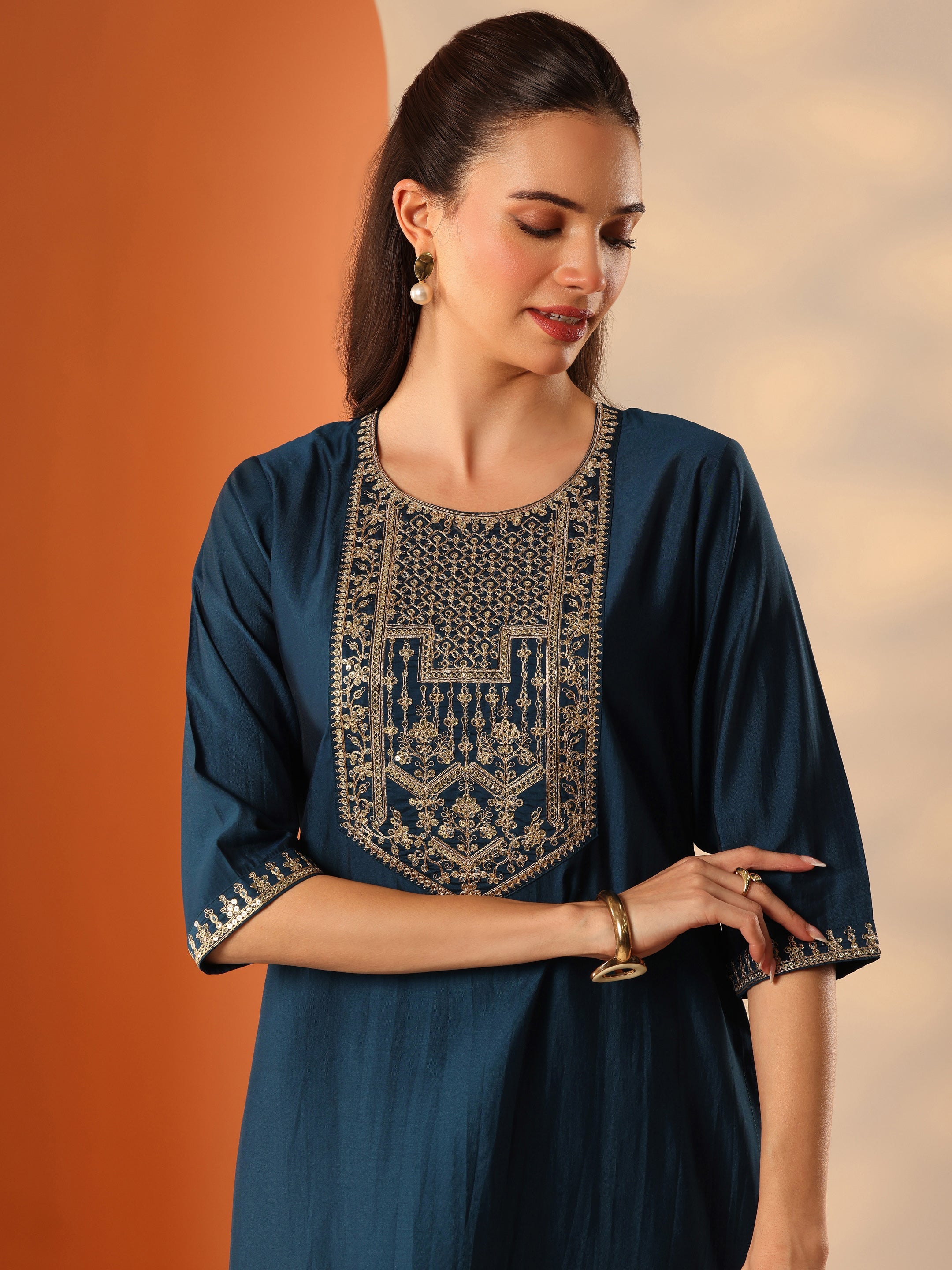 Blue Embroidered Silk Blend Straight Suit Set With Dupatta