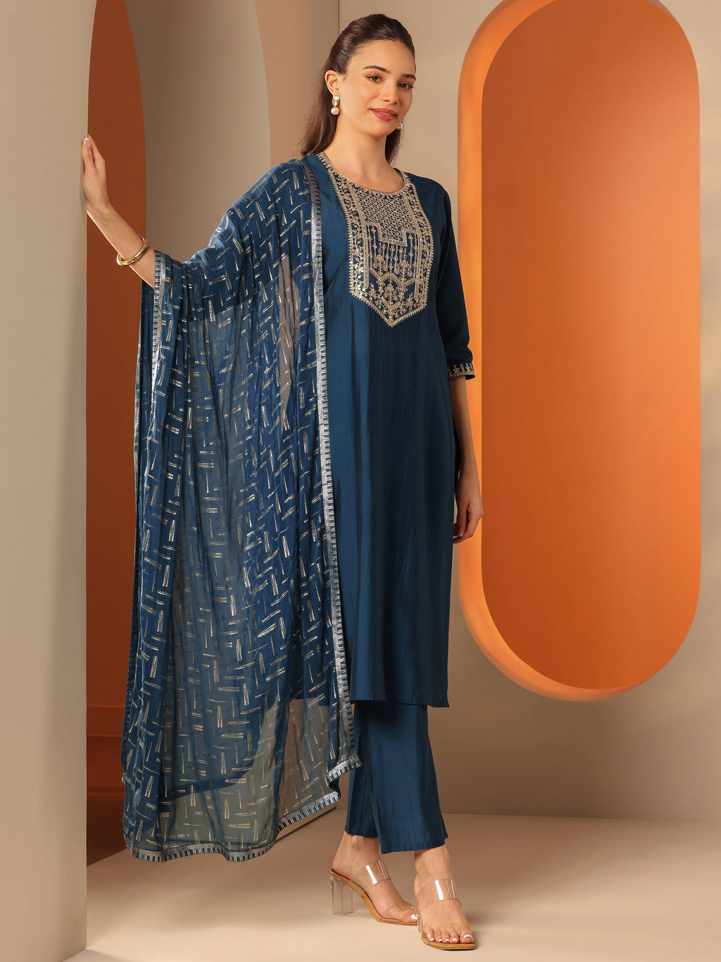 Blue Embroidered Silk Blend Straight Suit Set With Dupatta