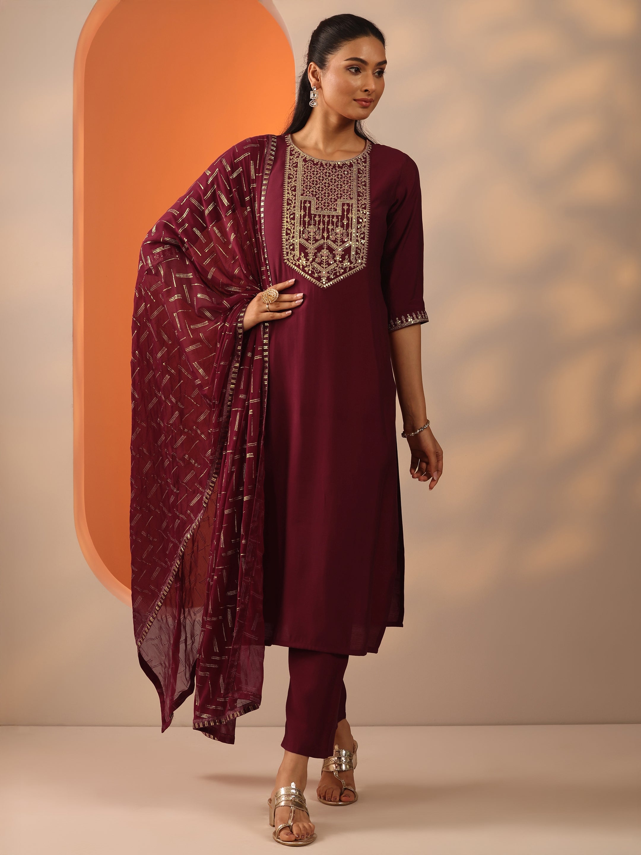 Maroon Printed Silk Blend Straight Suit Set With Dupatta
