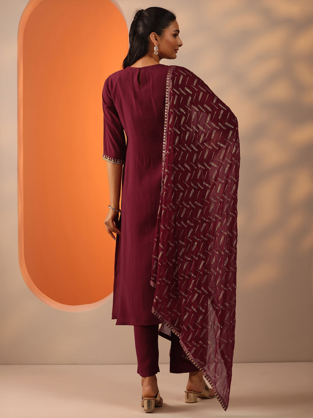 Maroon Printed Silk Blend Straight Suit Set With Dupatta