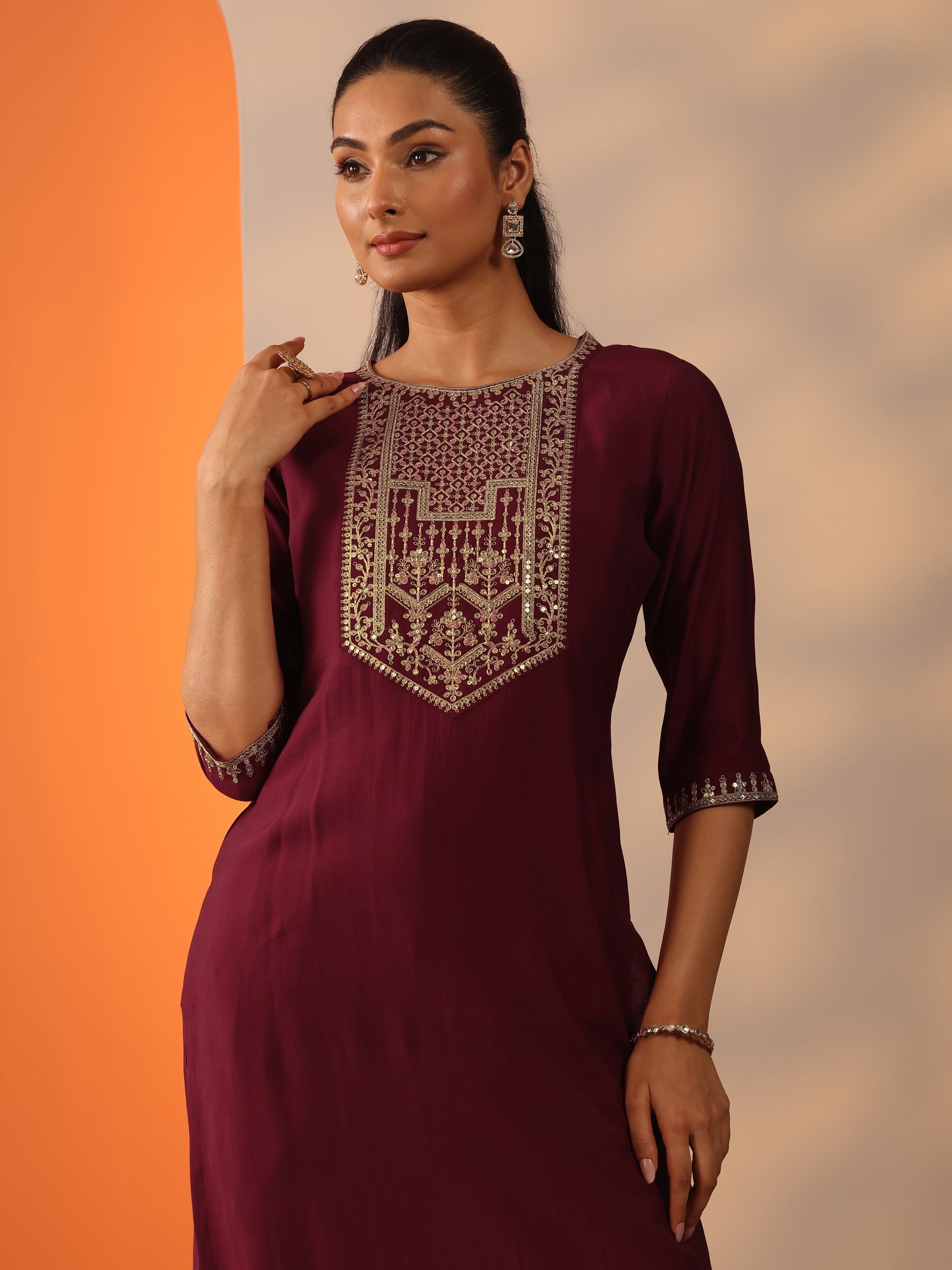 Maroon Printed Silk Blend Straight Suit Set With Dupatta