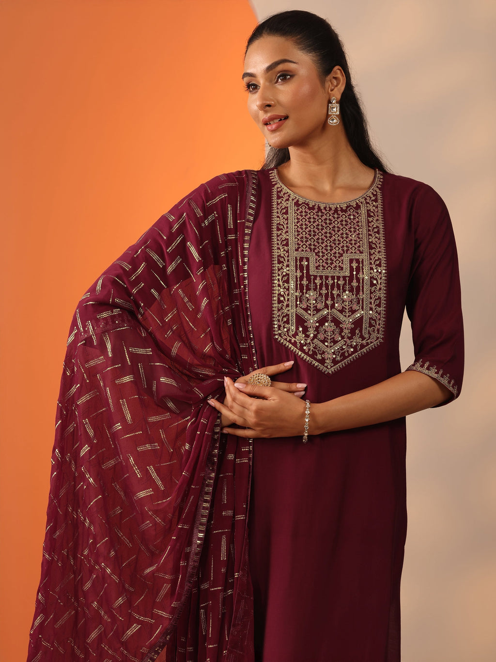 Maroon Printed Silk Blend Straight Suit Set With Dupatta
