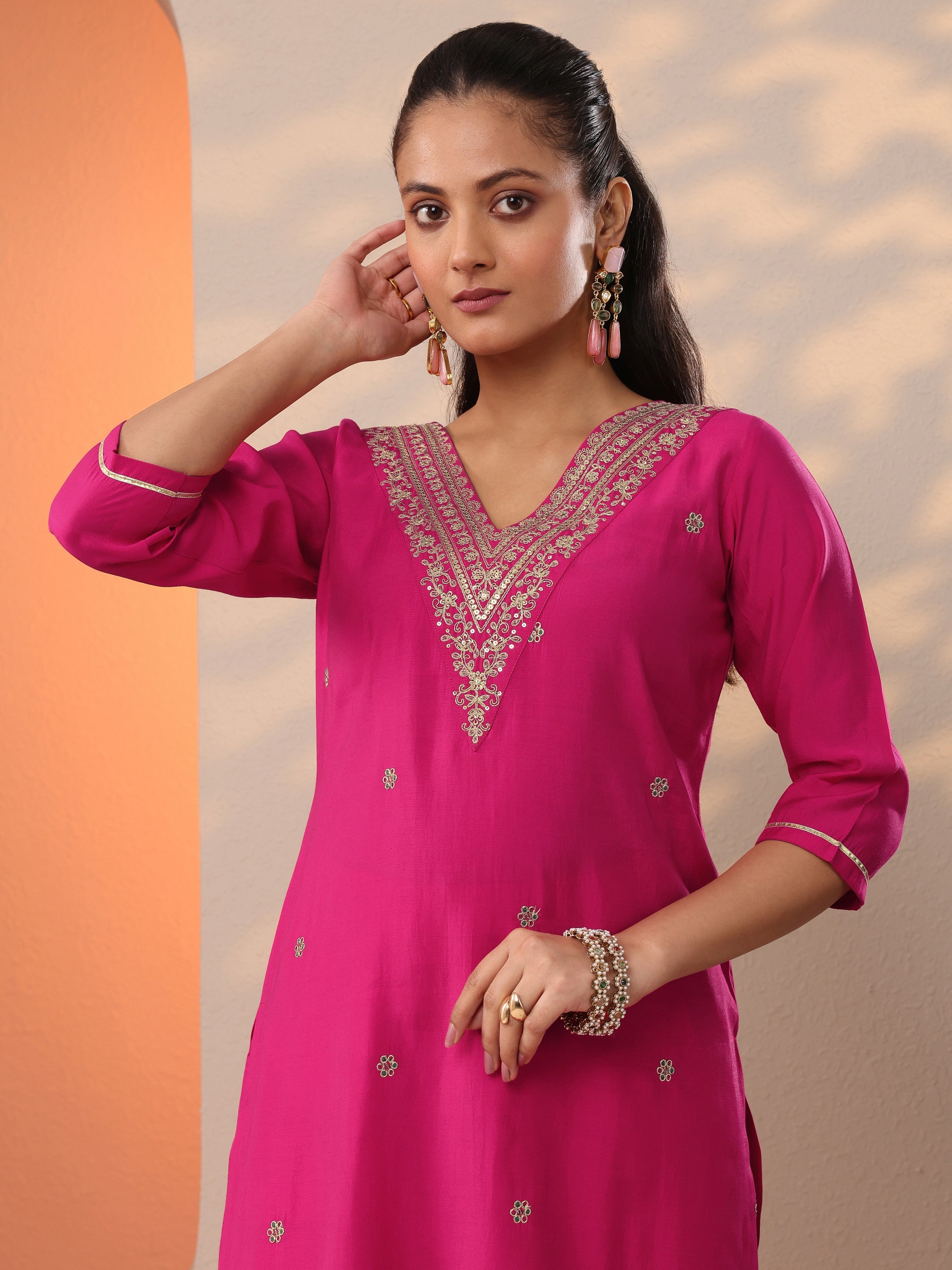 Pink Embroidered Silk Blend Straight Suit Set With Dupatta