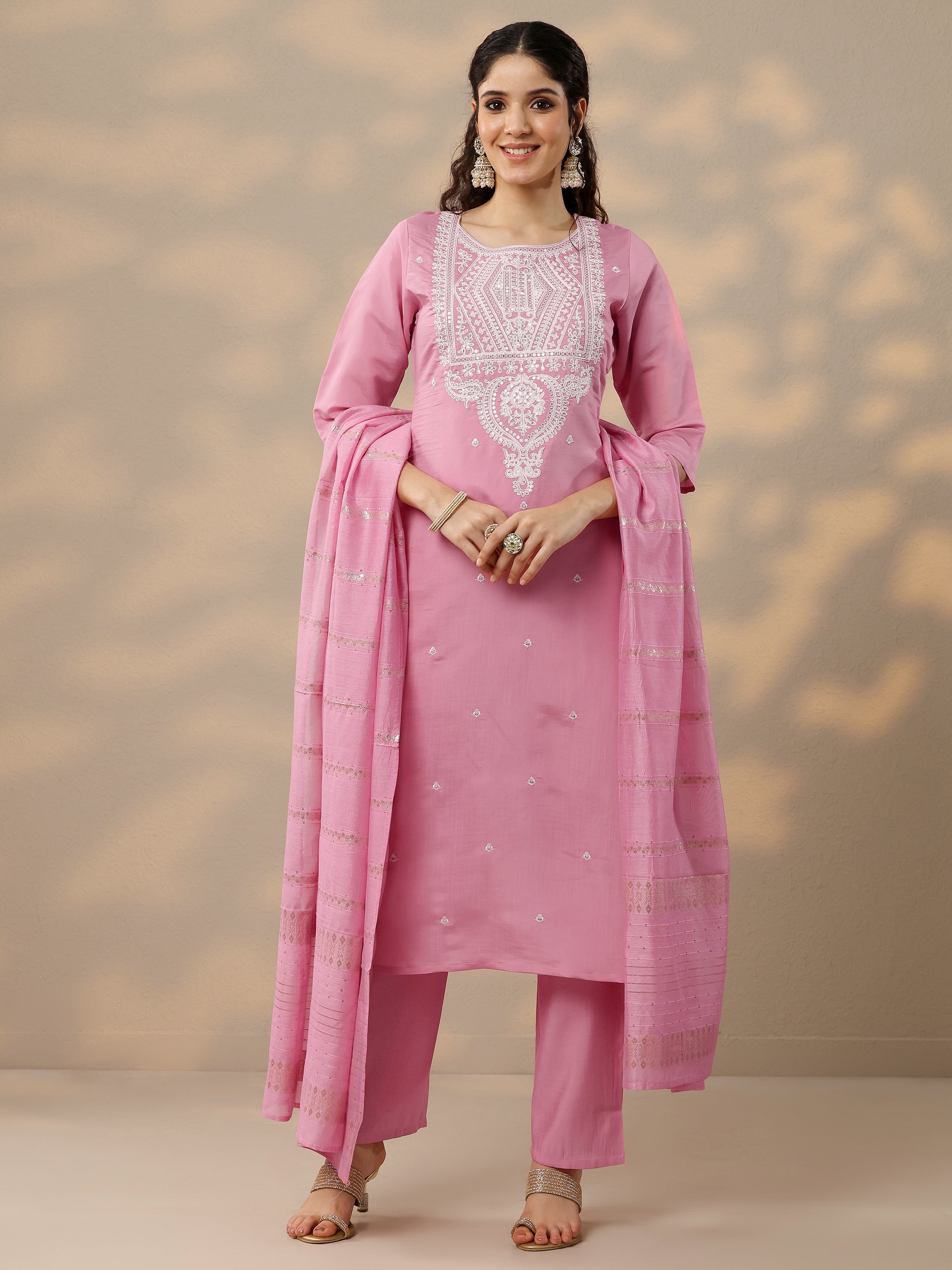 Pink Embroidered Silk Blend Straight Suit Set With Dupatta