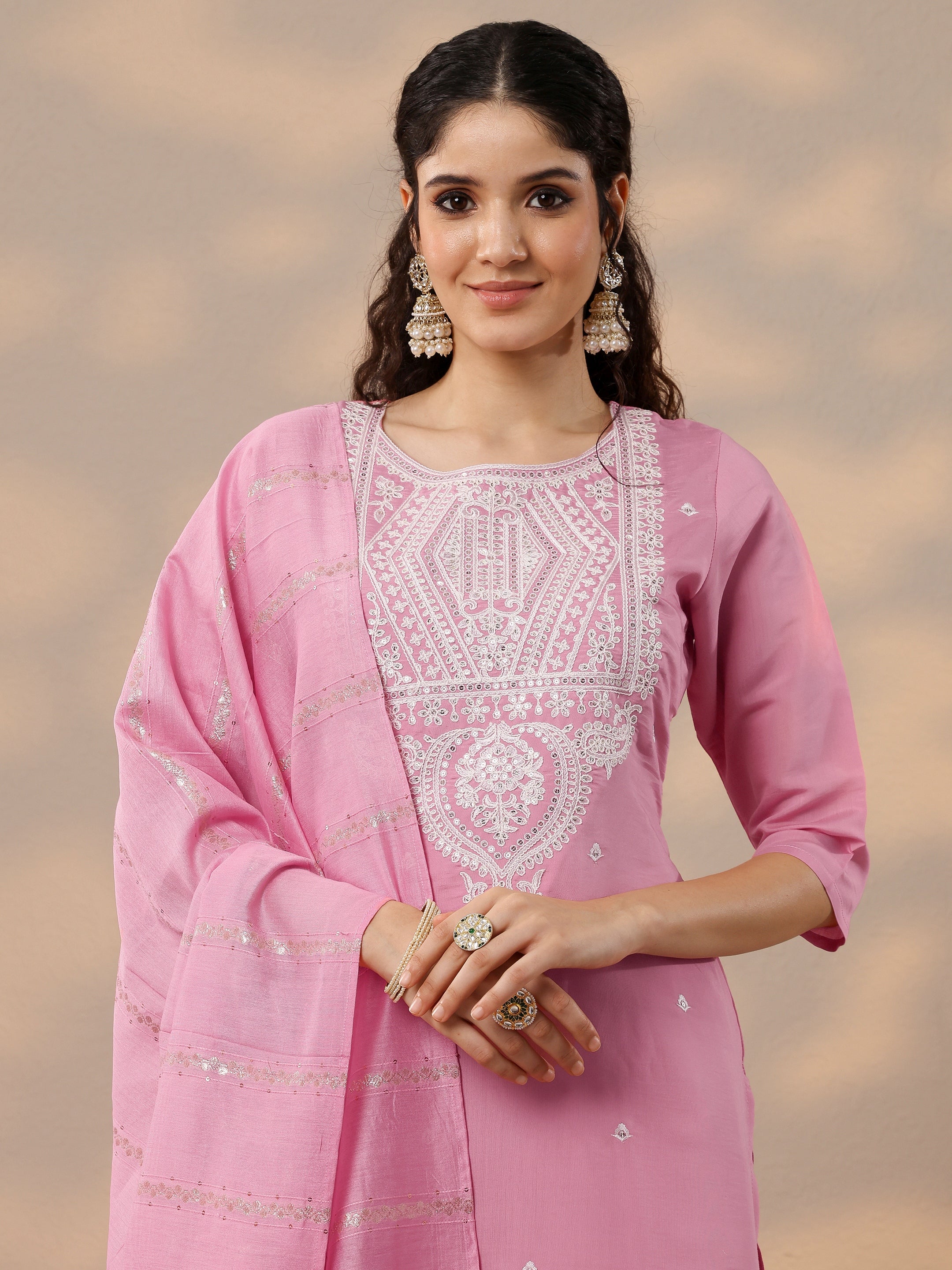 Pink Embroidered Silk Blend Straight Suit Set With Dupatta
