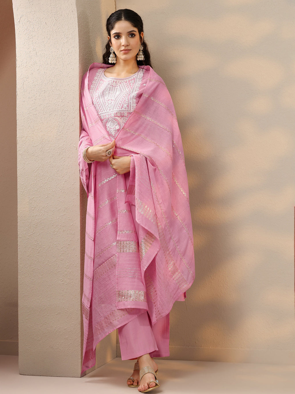 Pink Embroidered Silk Blend Straight Suit Set With Dupatta