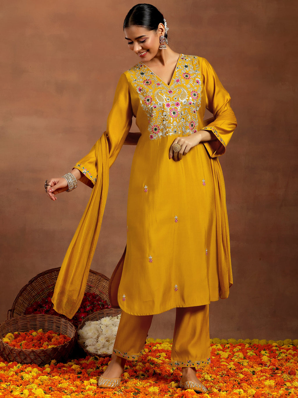 Mustard Embroidered Silk Blend Straight Suit With Dupatta