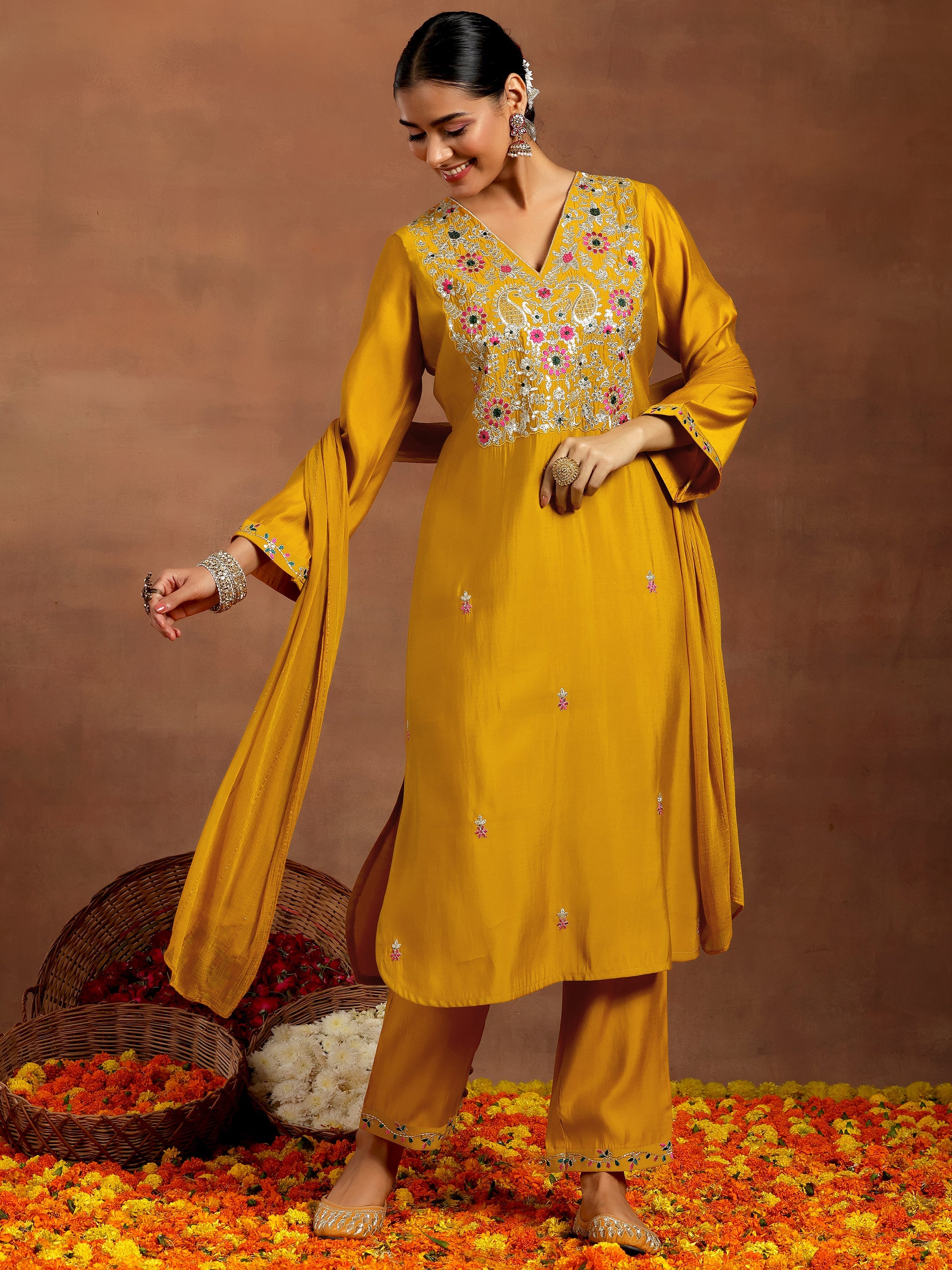Mustard Embroidered Silk Blend Straight Suit With Dupatta