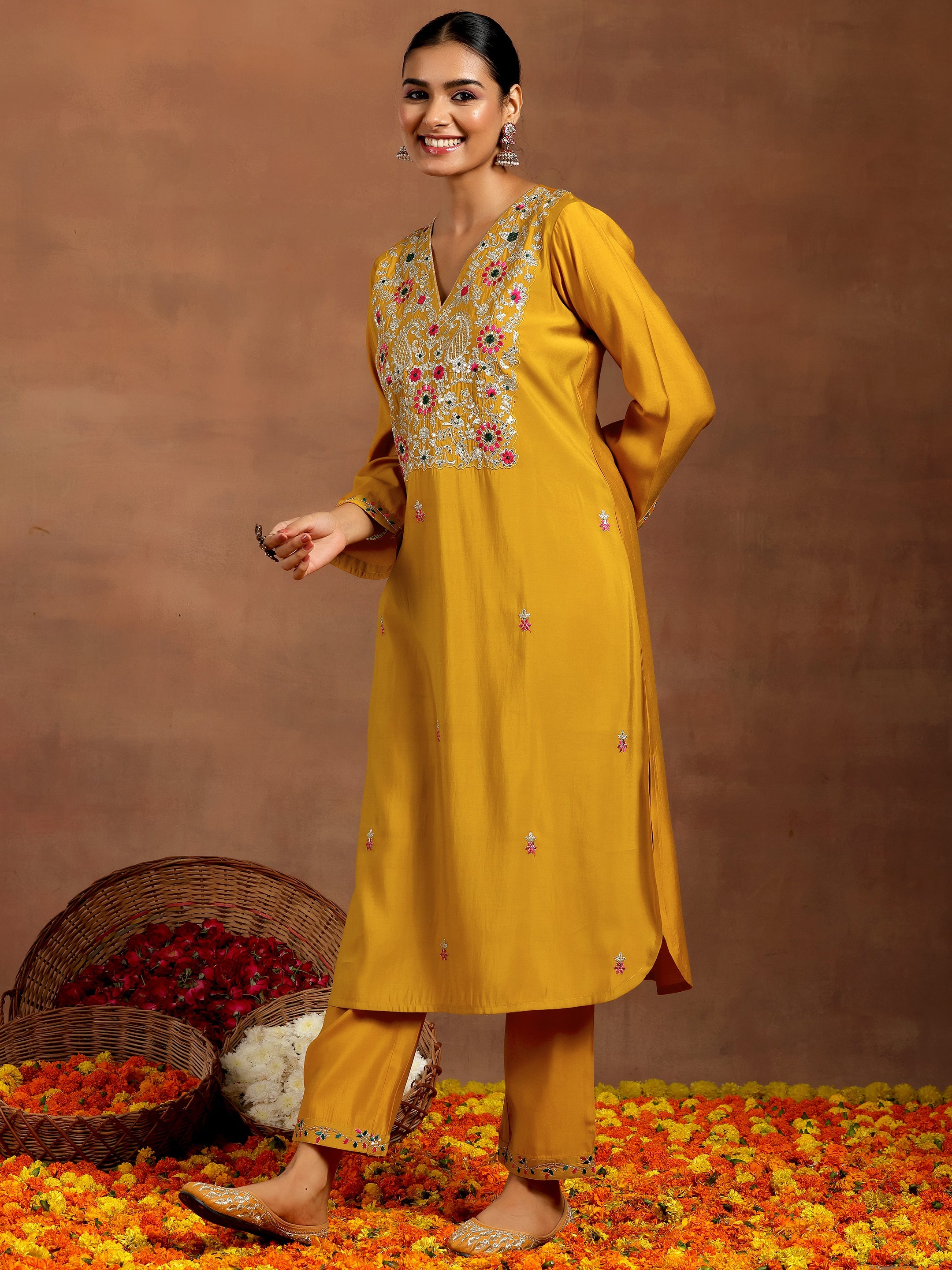 Mustard Embroidered Silk Blend Straight Suit With Dupatta
