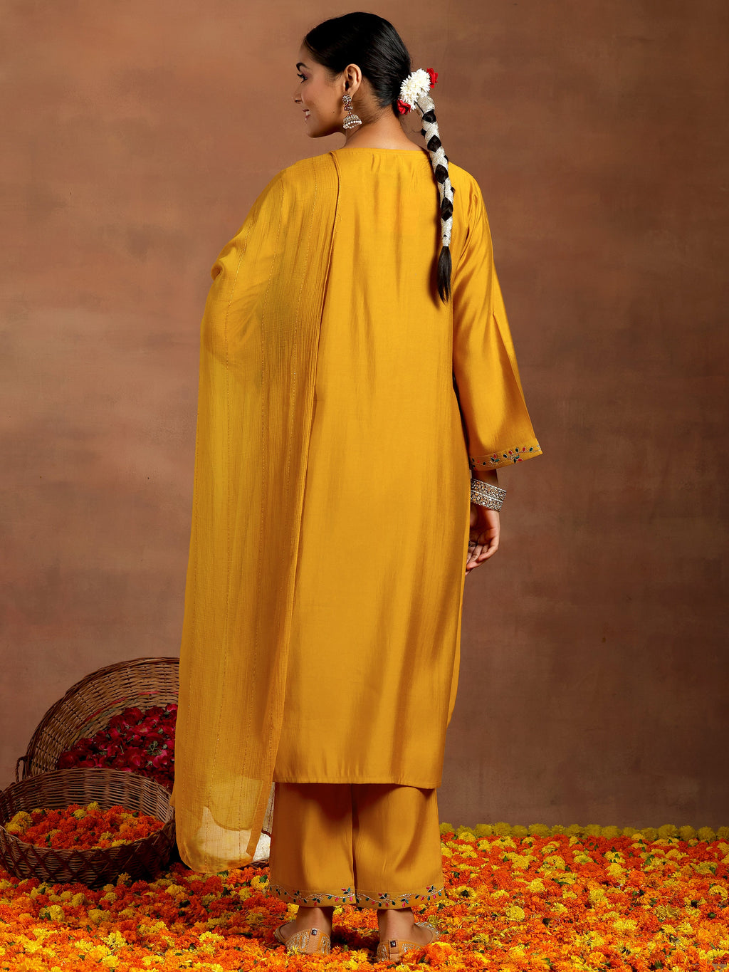 Mustard Embroidered Silk Blend Straight Suit With Dupatta