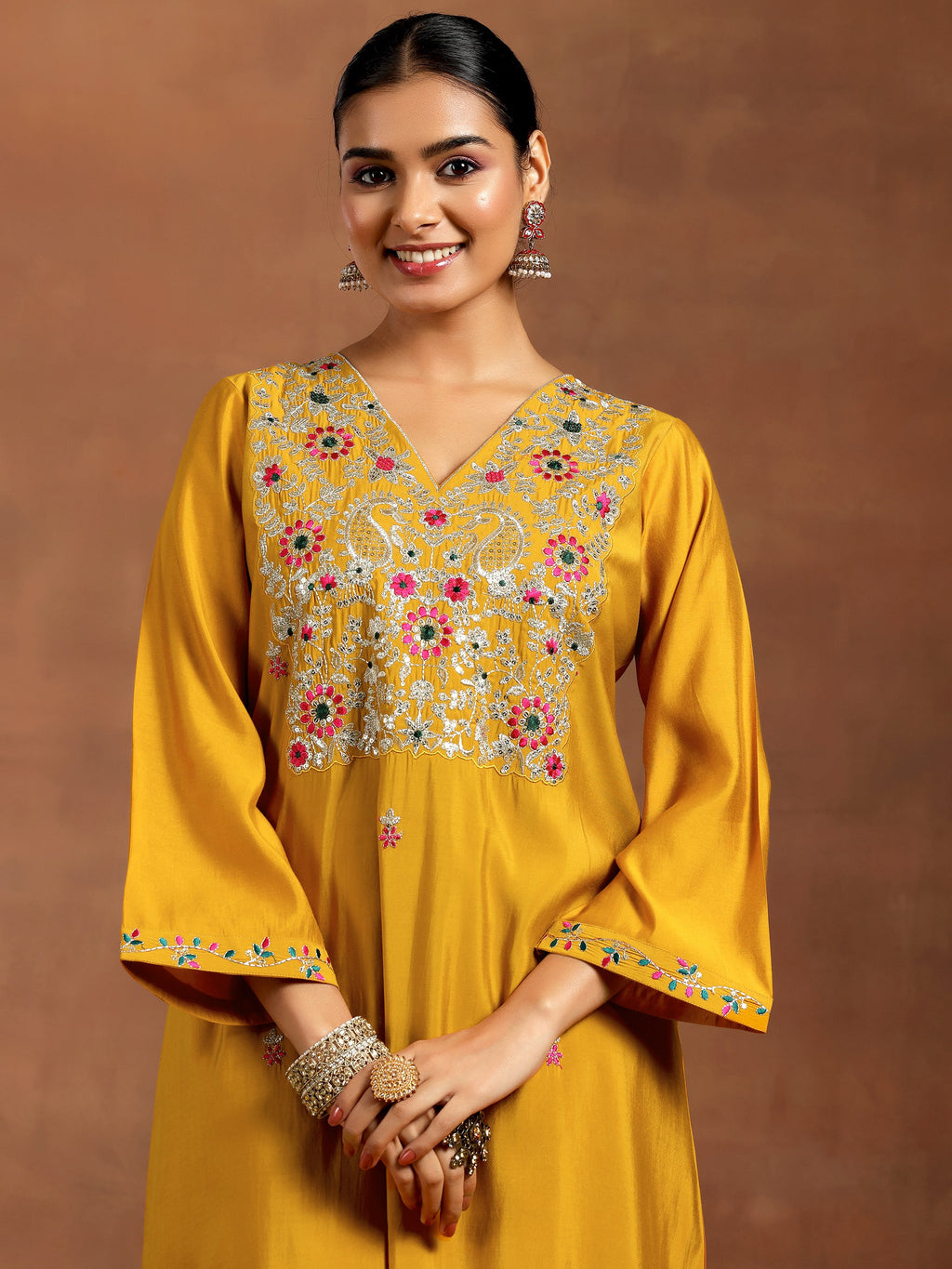 Mustard Embroidered Silk Blend Straight Suit With Dupatta