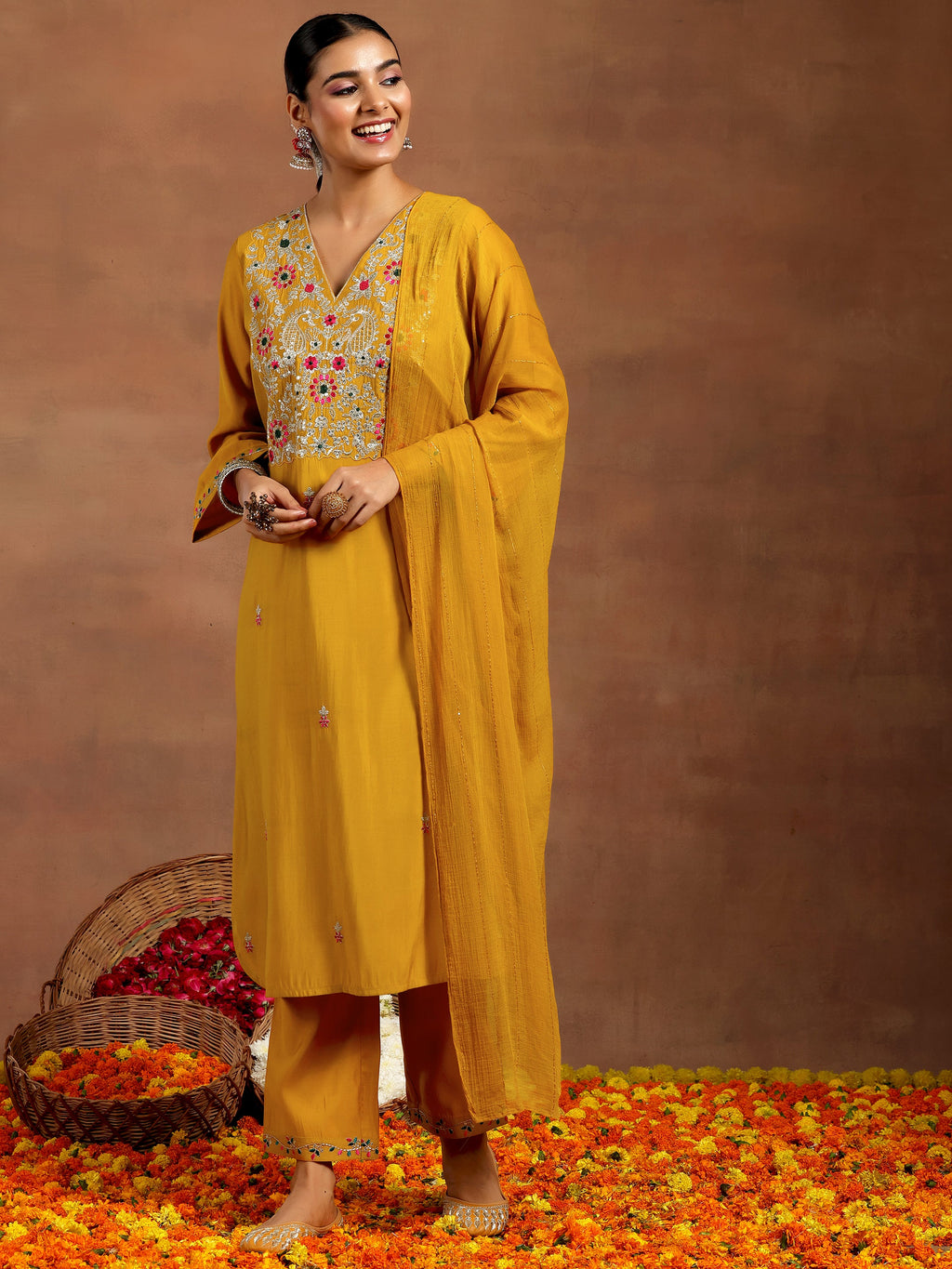 Mustard Embroidered Silk Blend Straight Suit With Dupatta
