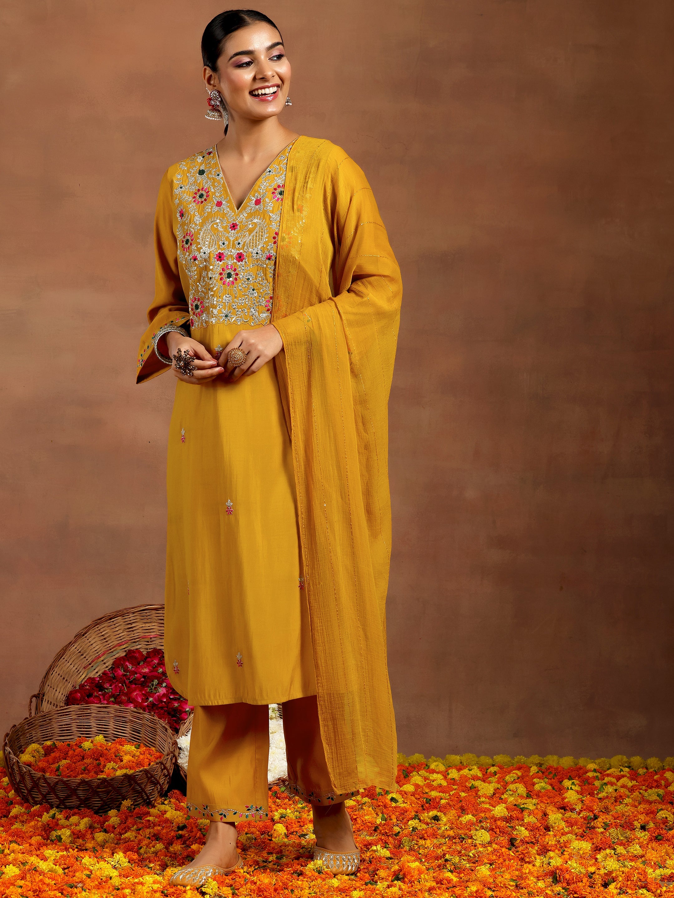 Mustard Embroidered Silk Blend Straight Suit With Dupatta