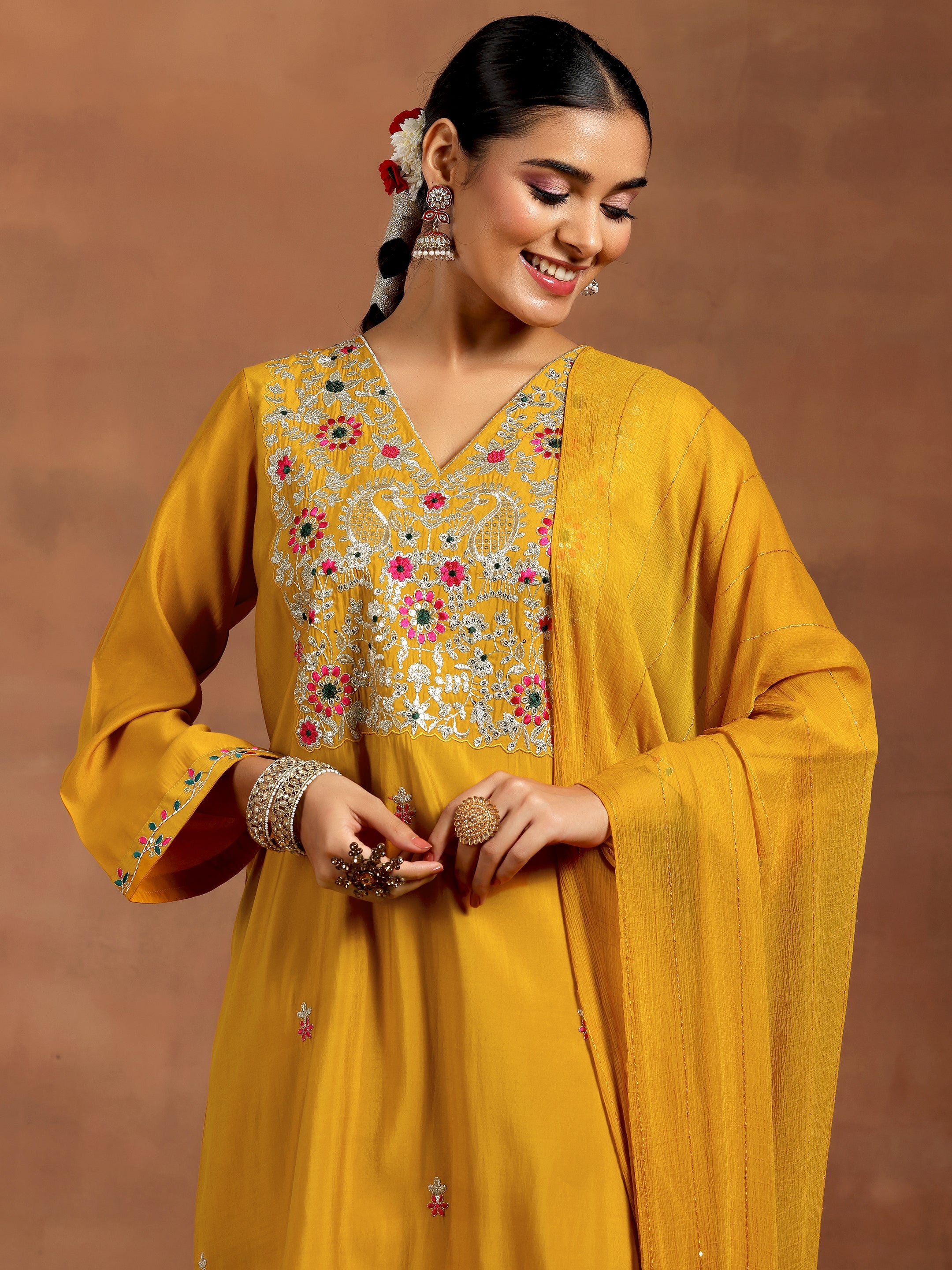 Mustard Embroidered Silk Blend Straight Suit With Dupatta