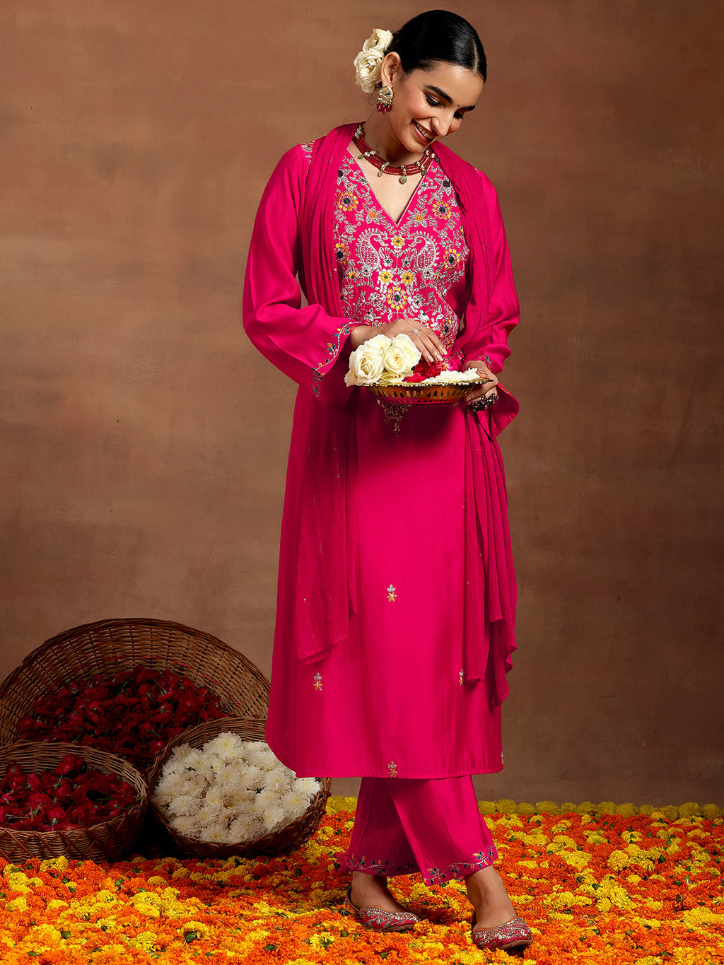 Pink Embroidered Silk Blend Straight Suit With Dupatta