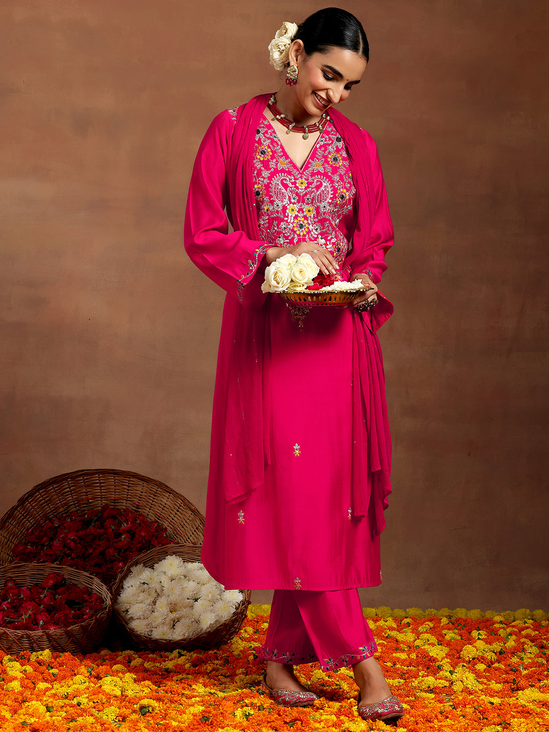 Pink Embroidered Silk Blend Straight Suit With Dupatta