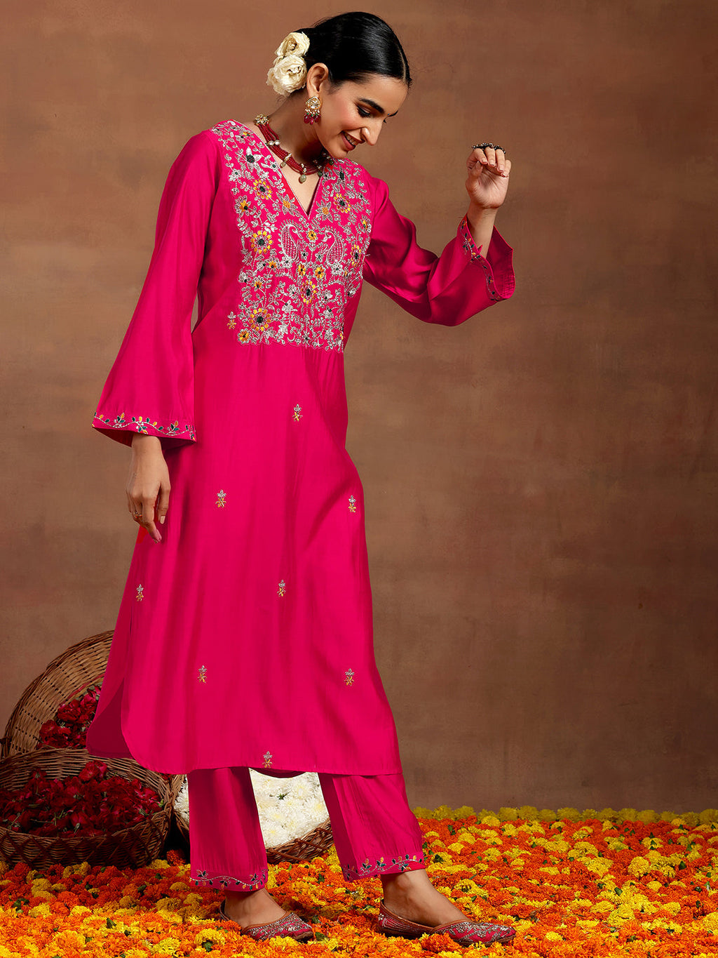 Pink Embroidered Silk Blend Straight Suit With Dupatta