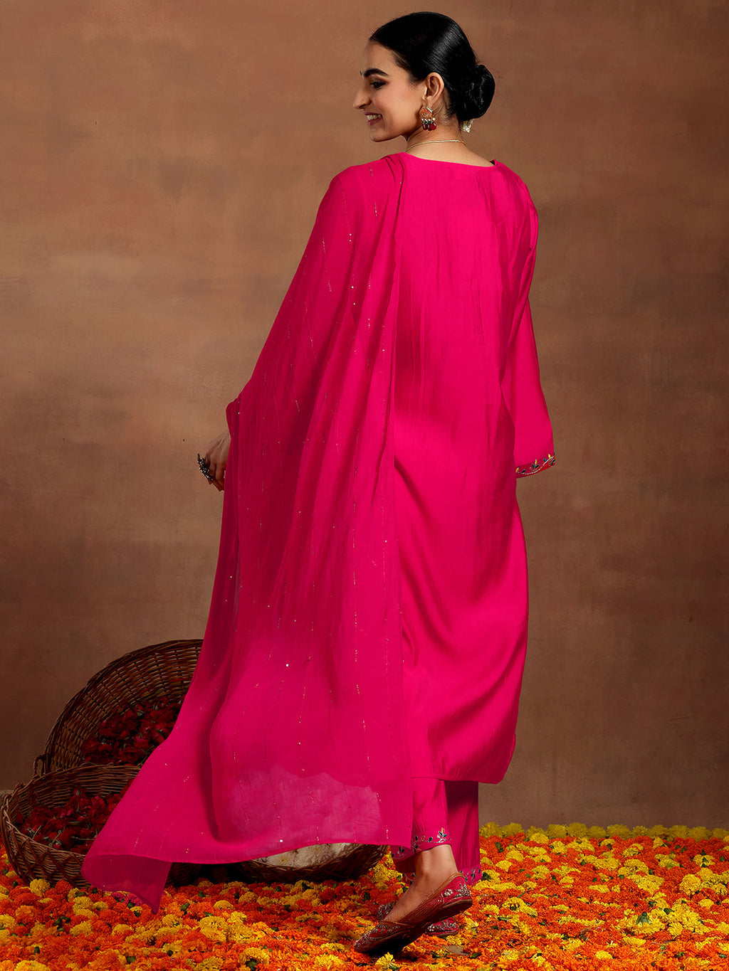 Pink Embroidered Silk Blend Straight Suit With Dupatta