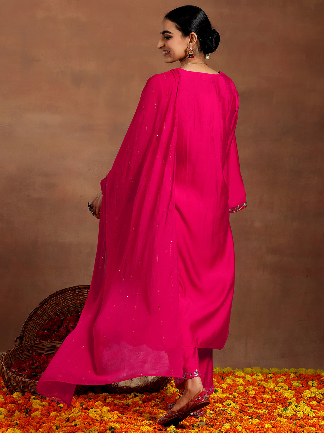 Pink Embroidered Silk Blend Straight Suit With Dupatta