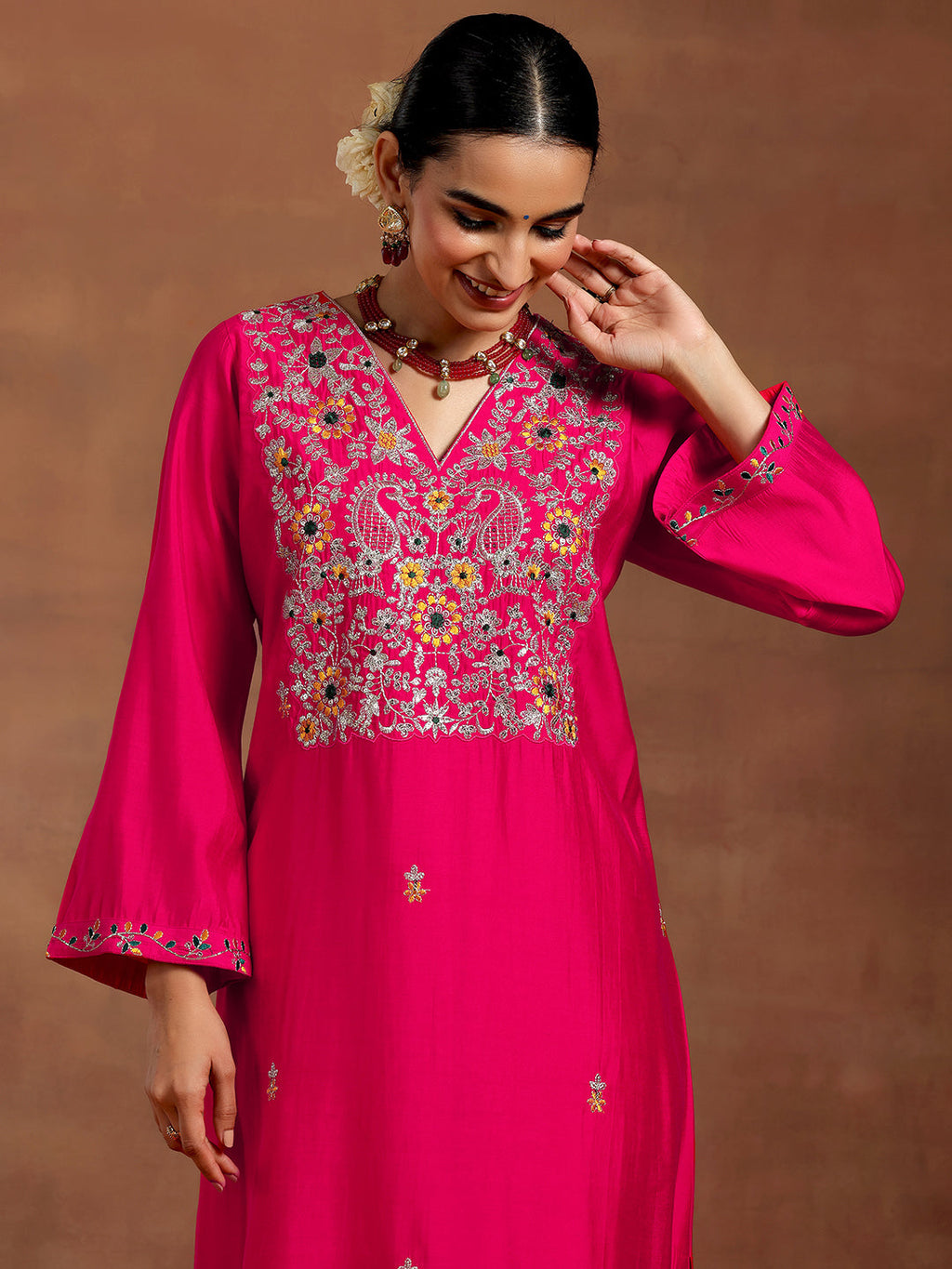 Pink Embroidered Silk Blend Straight Suit With Dupatta