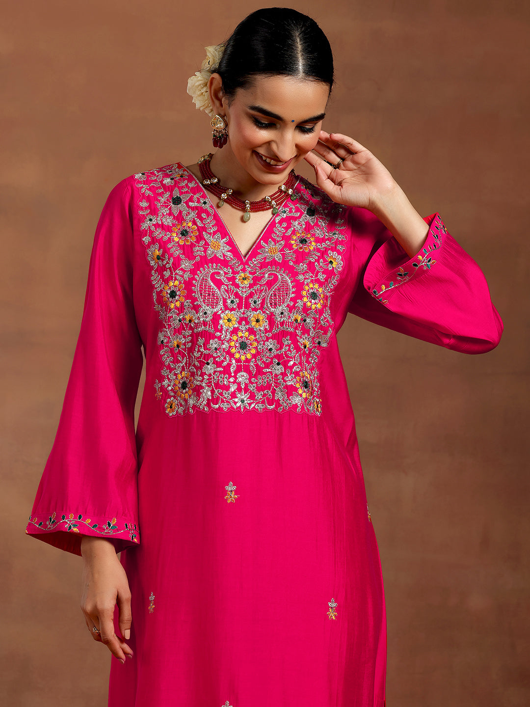 Pink Embroidered Silk Blend Straight Suit With Dupatta