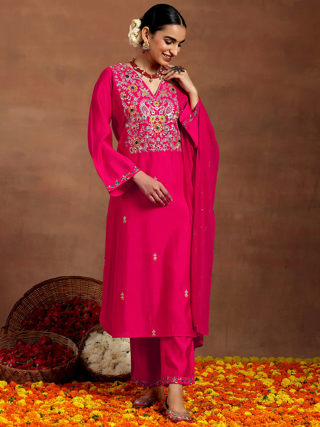 Pink Embroidered Silk Blend Straight Suit With Dupatta