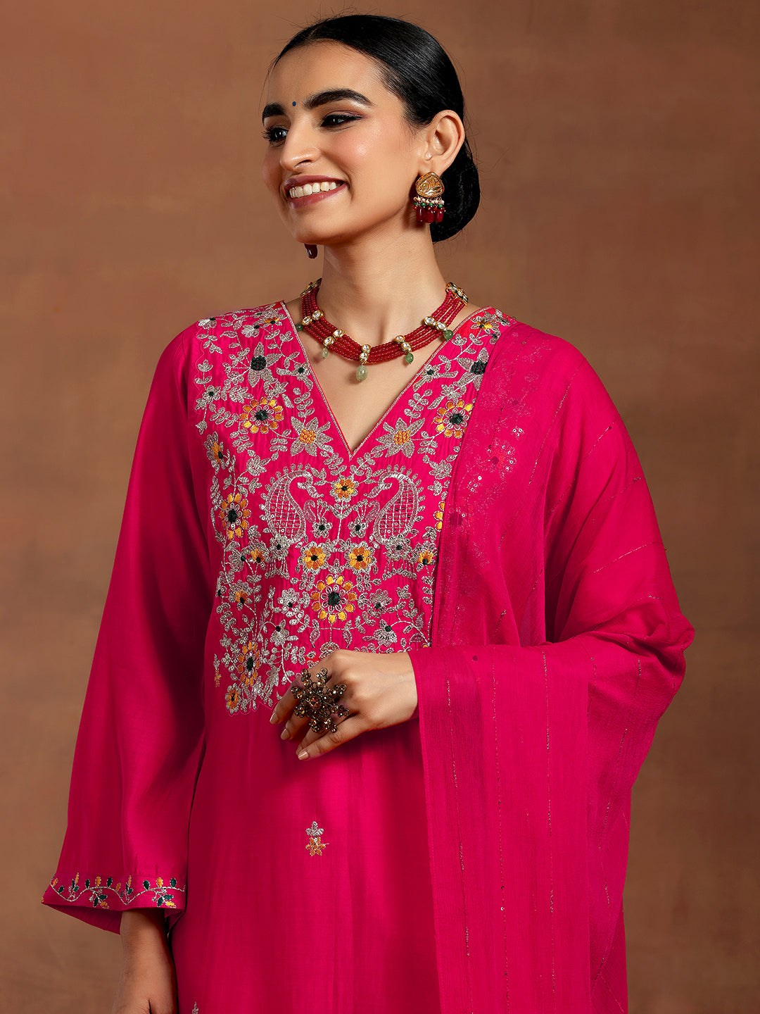 Pink Embroidered Silk Blend Straight Suit With Dupatta