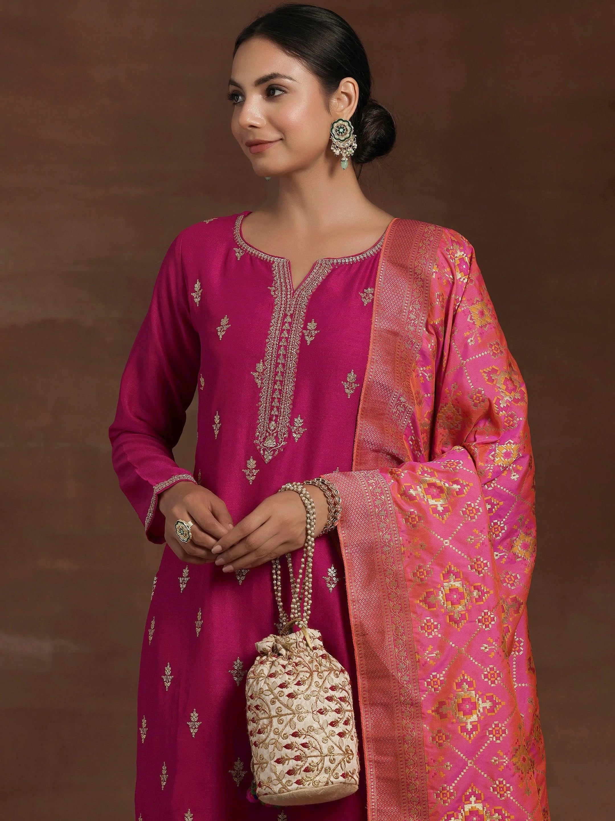 Pink Embroidered Silk Blend Straight Suit With Dupatta
