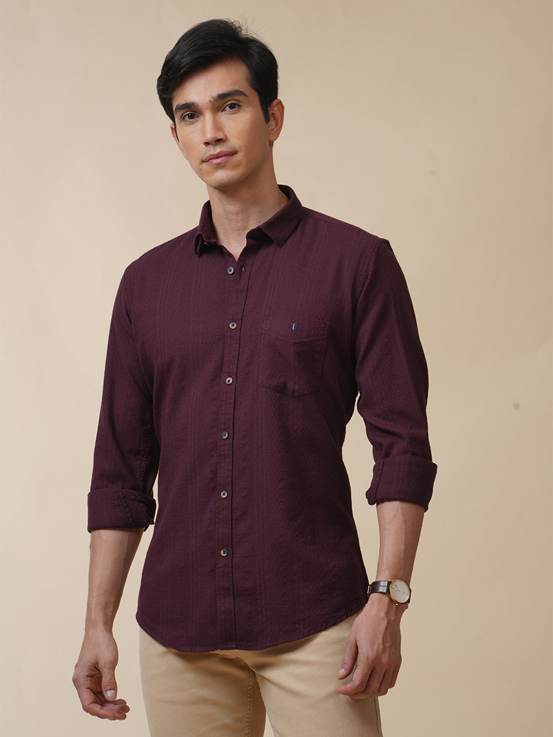 Maroon Jacquard Self Design Solid Shirt