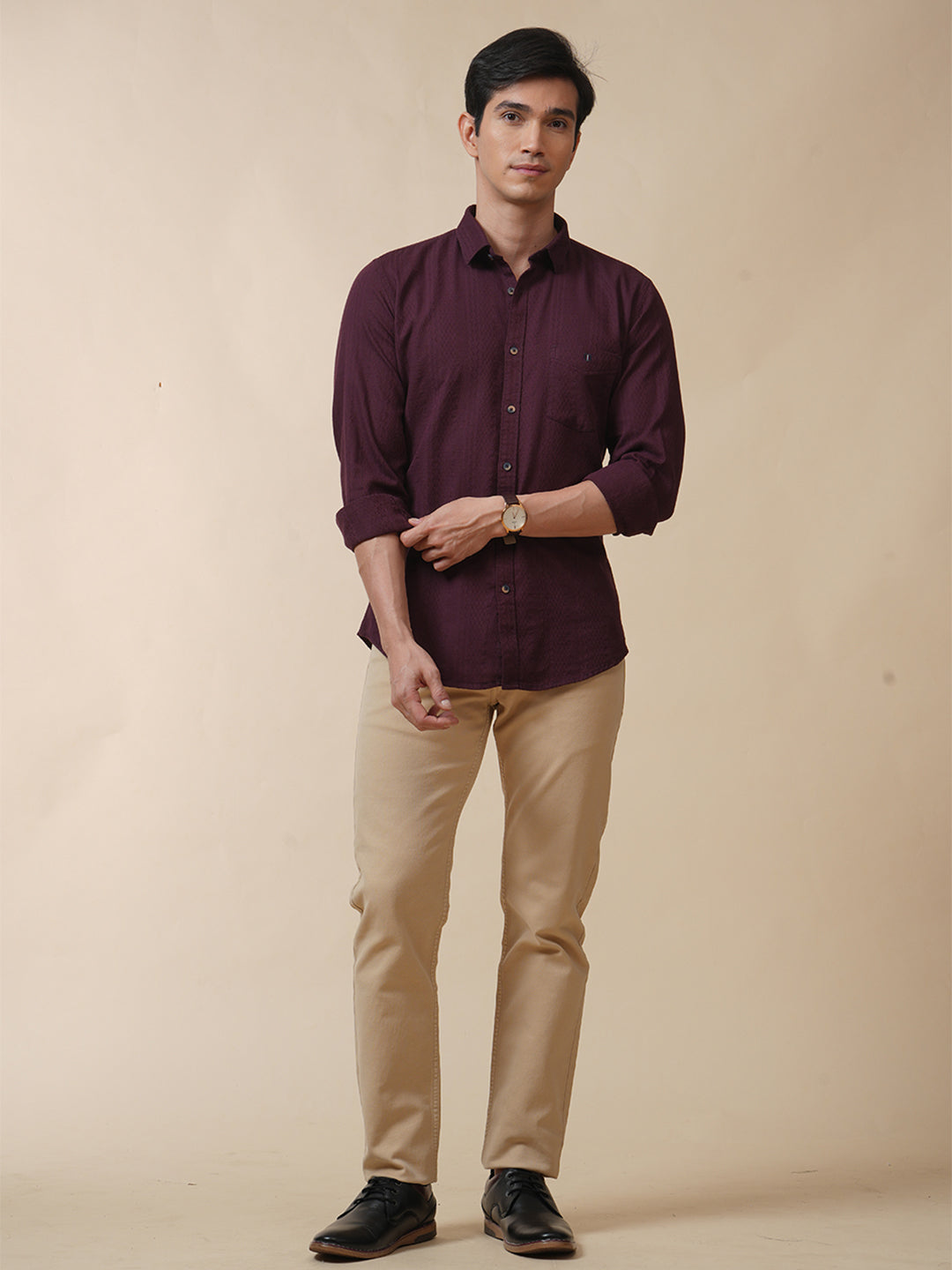 Maroon Jacquard Self Design Solid Shirt