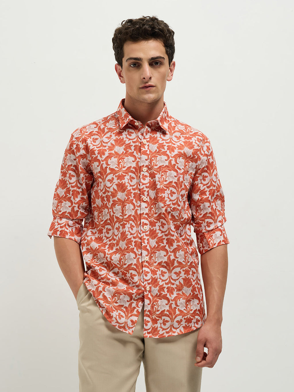 Orange Printed Casual Shirt