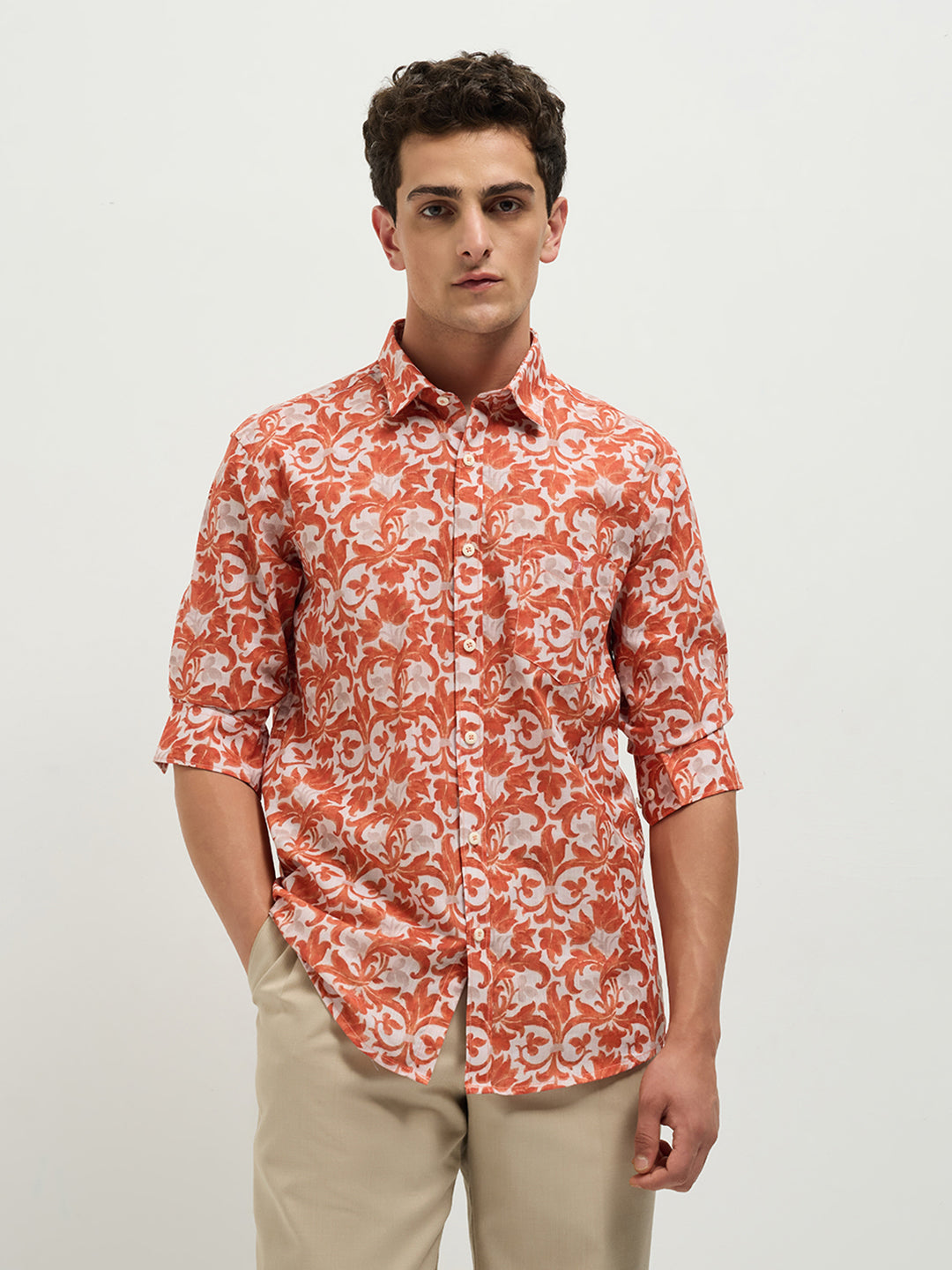 Orange Printed Casual Shirt