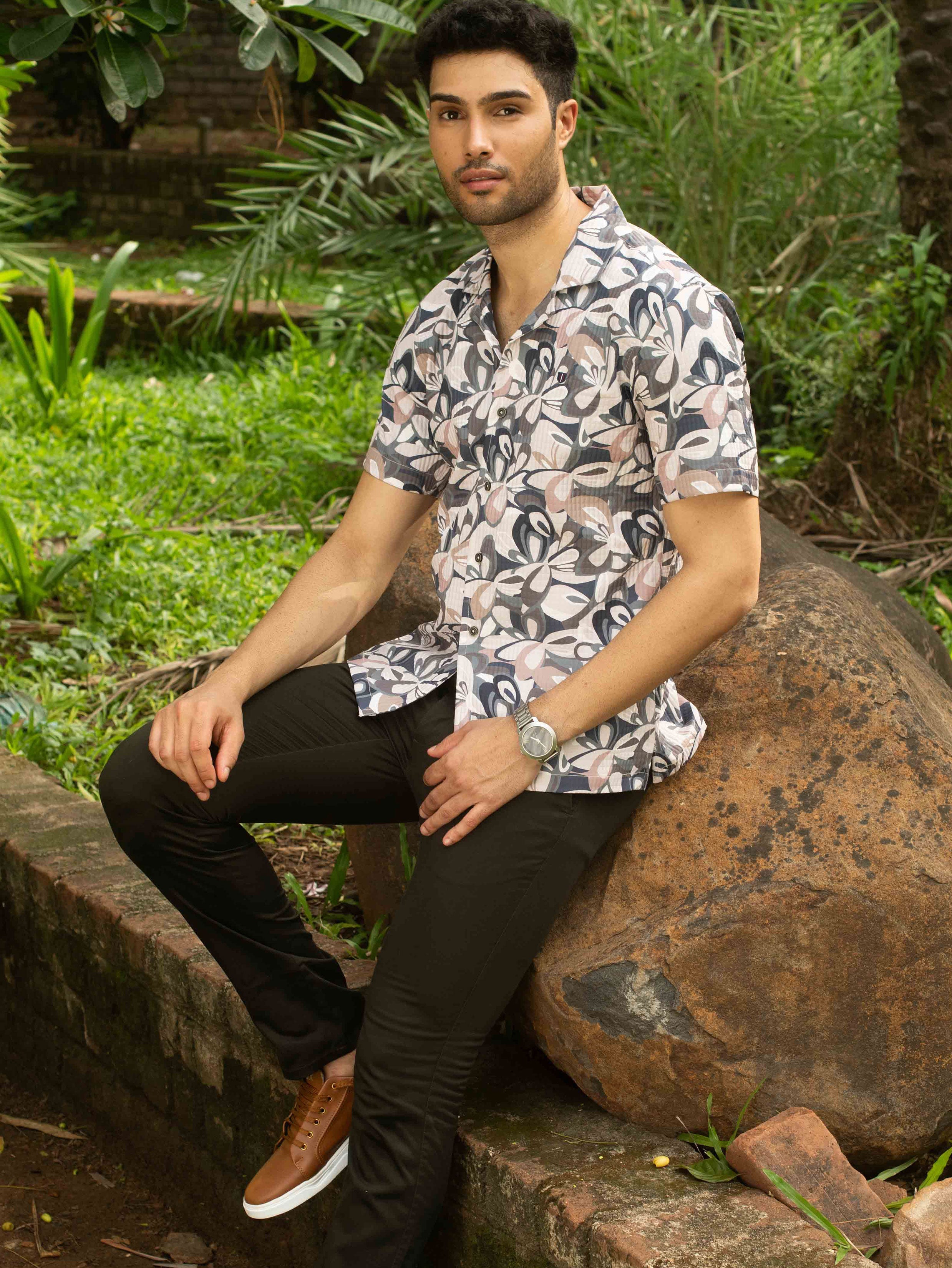 Cuban Collar Floral Printed Casual Shirt